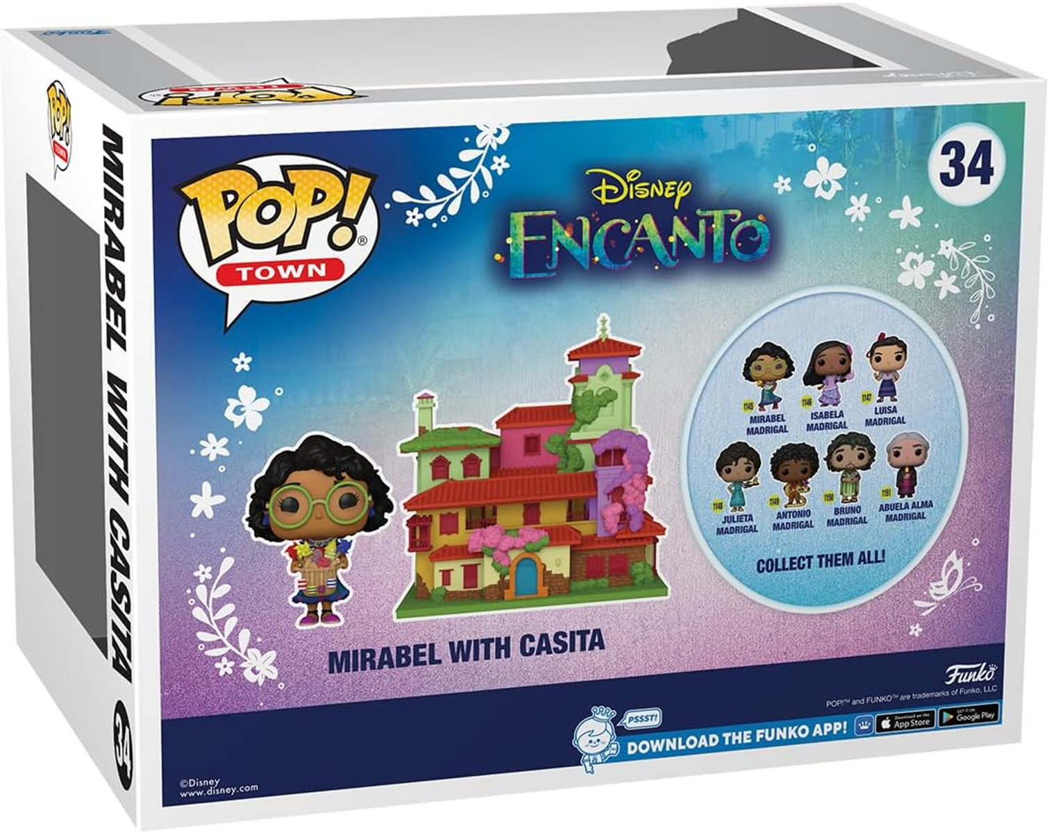 Mirabel Funko Pop Box. Mirabel Figur. Disney Encanto Thema. Weißer Hintergrund.