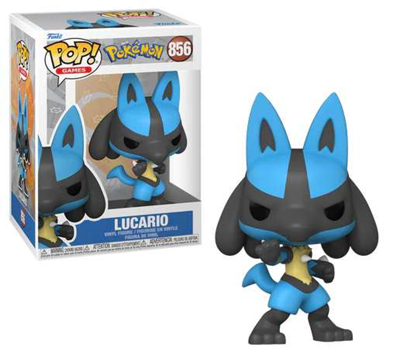 Lucario Funko Pop Figur in Box, blau und schwarz, stehend.