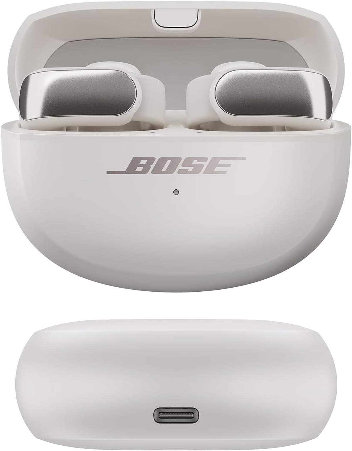 Auriculares Bose blancos dentro de un estuche de carga. El estuche está abierto.
