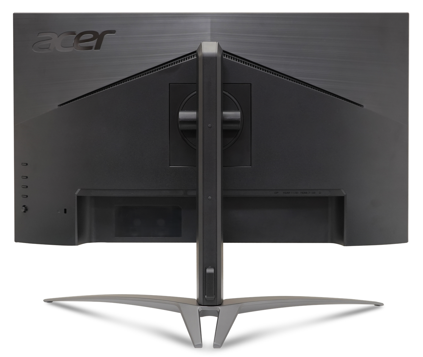 Widok z tyłu czarnego monitora Acer ze stojakiem. Widoczne porty i marka.