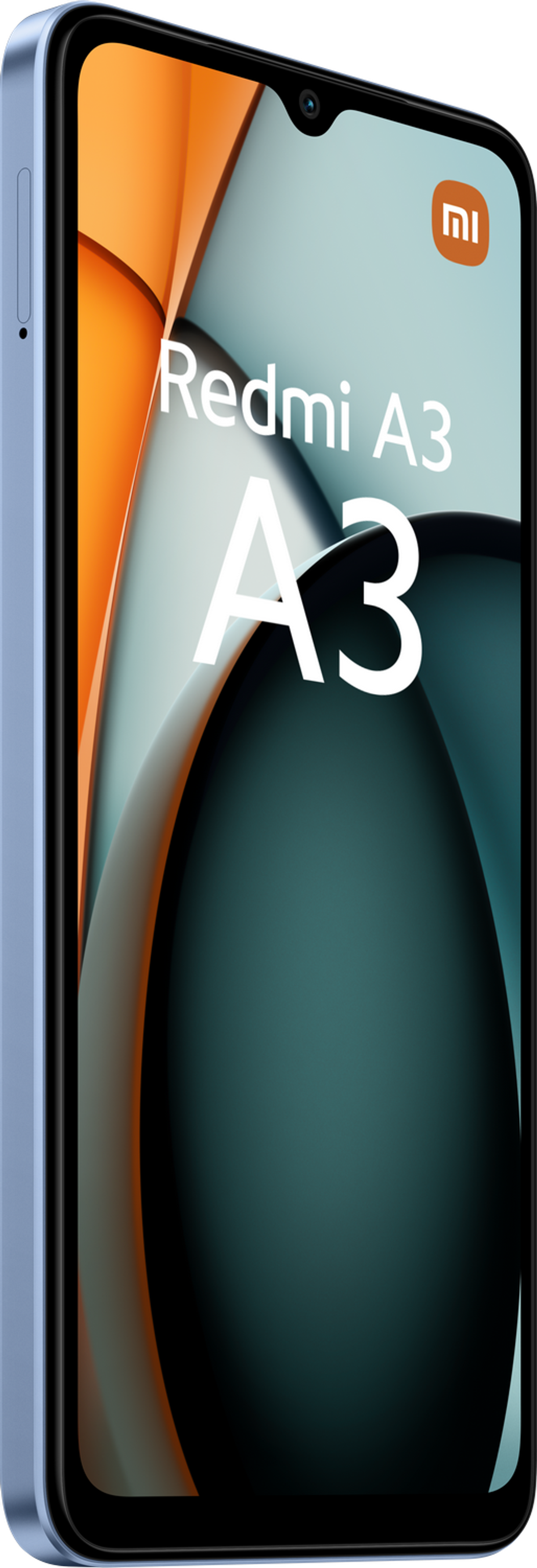 Teléfono azul Xiaomi Redmi A3. Fondo naranja y verde azulado con cámara y el logo Redmi A3.