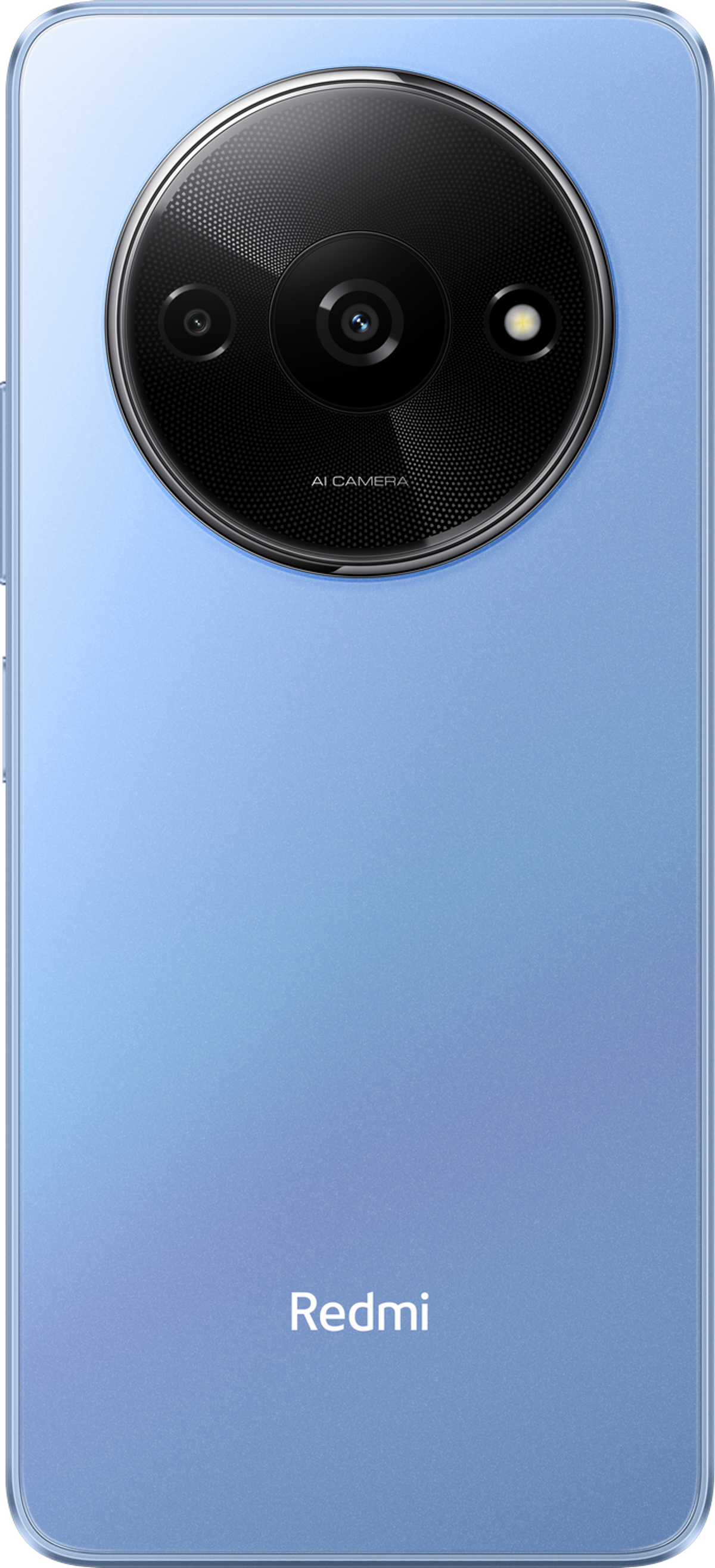 Un teléfono inteligente Redmi azul, con un prominente módulo de cámara trasera con IA.