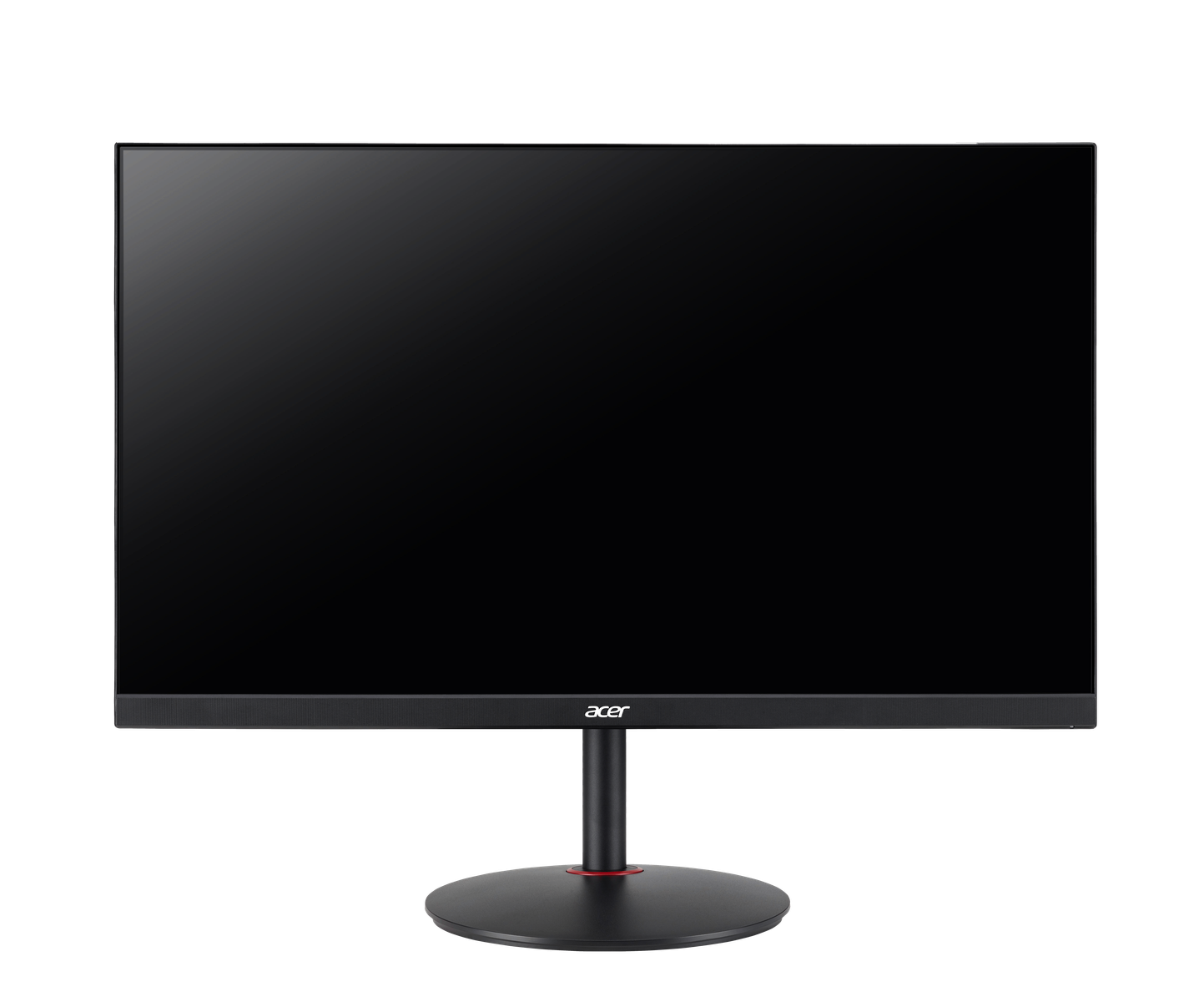 Monitor Acer z czarnym ekranem, czerwoną podstawą i czarnym stojakiem. Czarne tło.