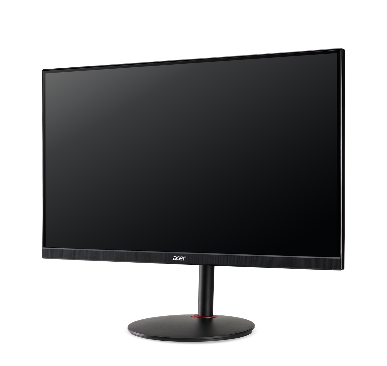 Czarny monitor Acer na czarnym stojaku. Ekran jest pusty. Ciemne tło.