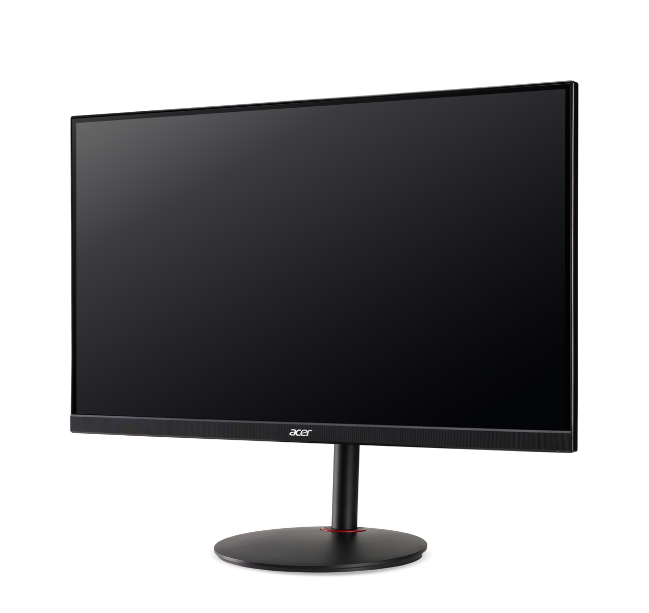 Monitor Acer z czarnym ekranem, ustawiony na czarnym stojaku z czerwoną podstawą.