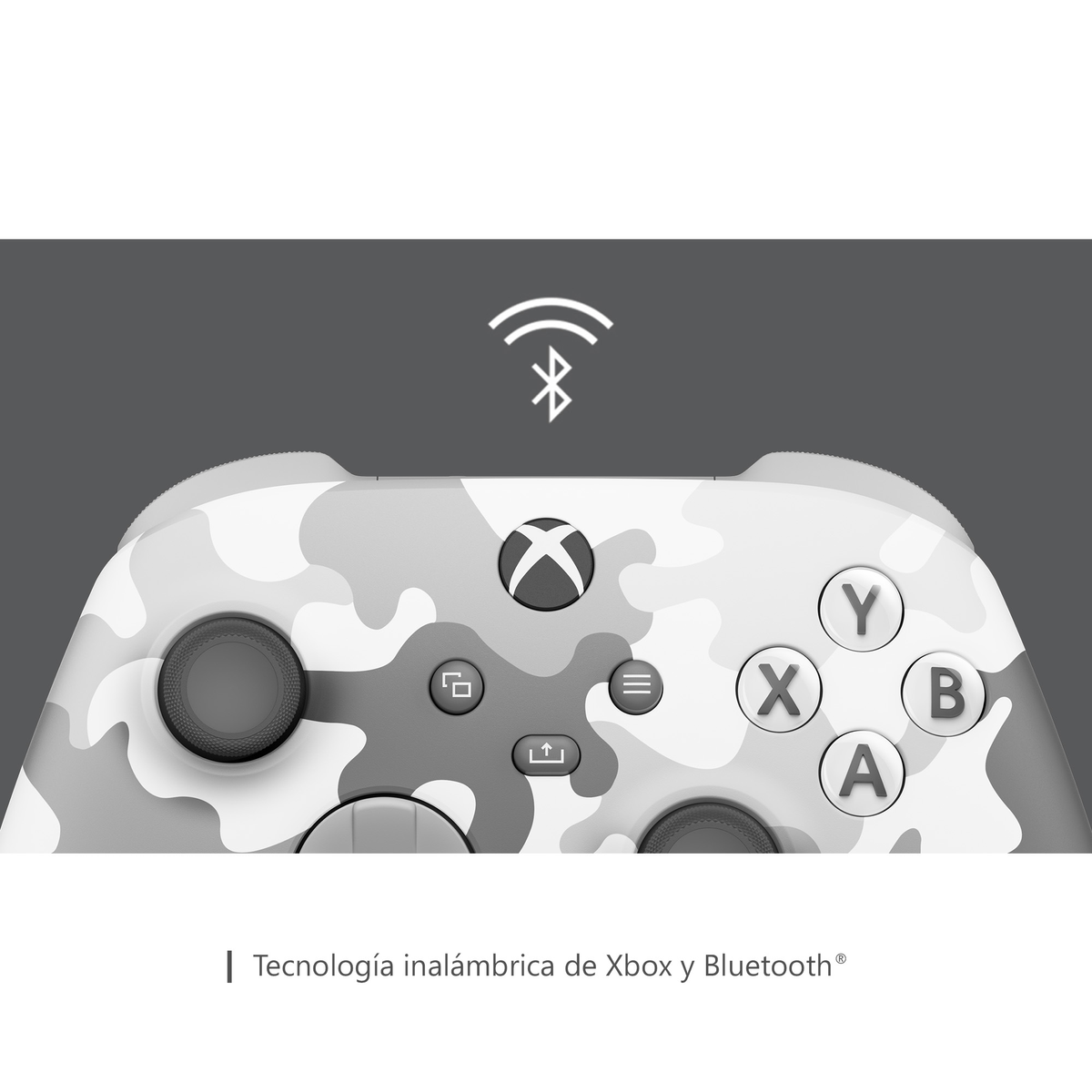 Un controller Xbox mimetico bianco e grigio con il logo Xbox e il simbolo Bluetooth.