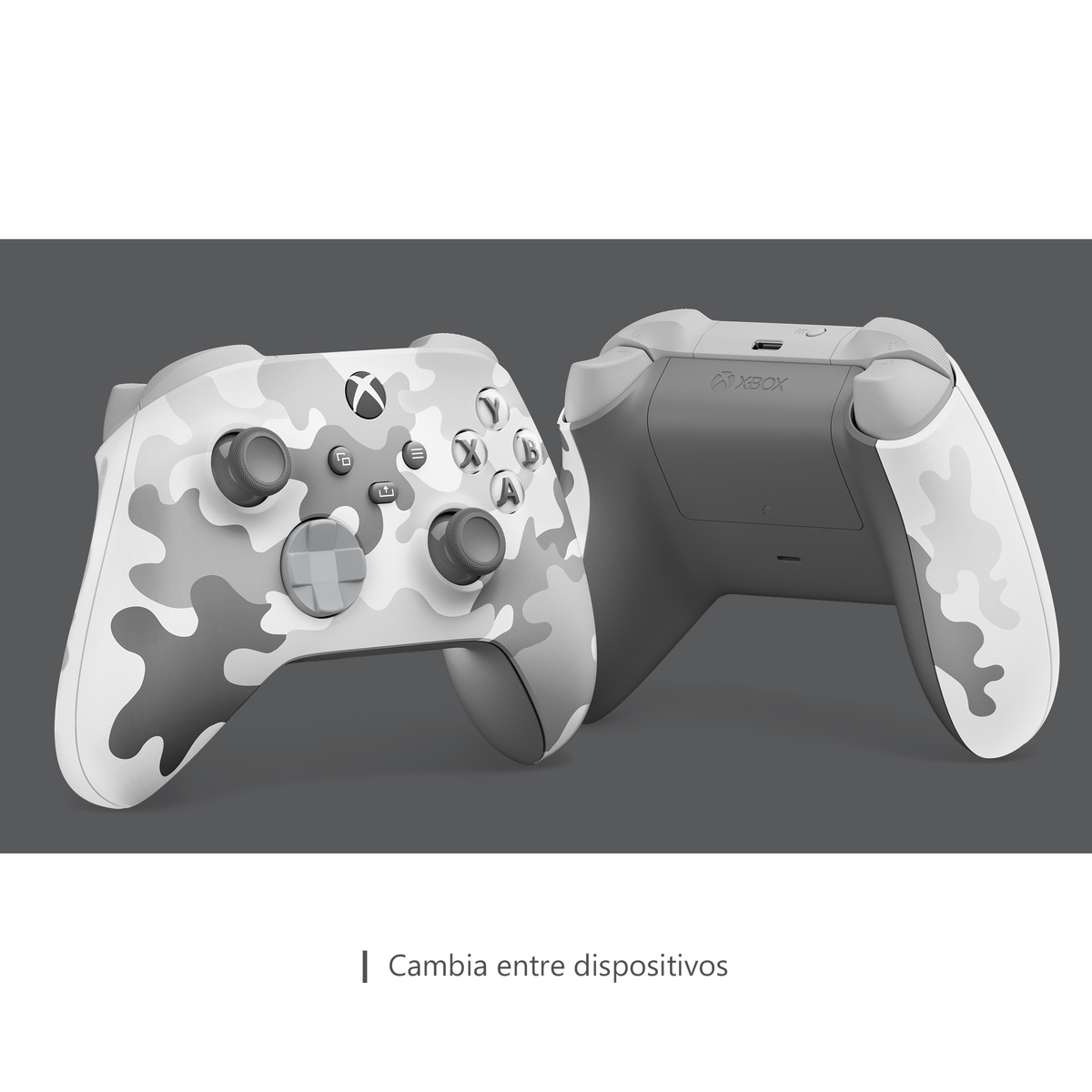 Due controller Xbox, bianchi con camouflage grigio, su una superficie grigia. Testo: Passa da un dispositivo all'altro.