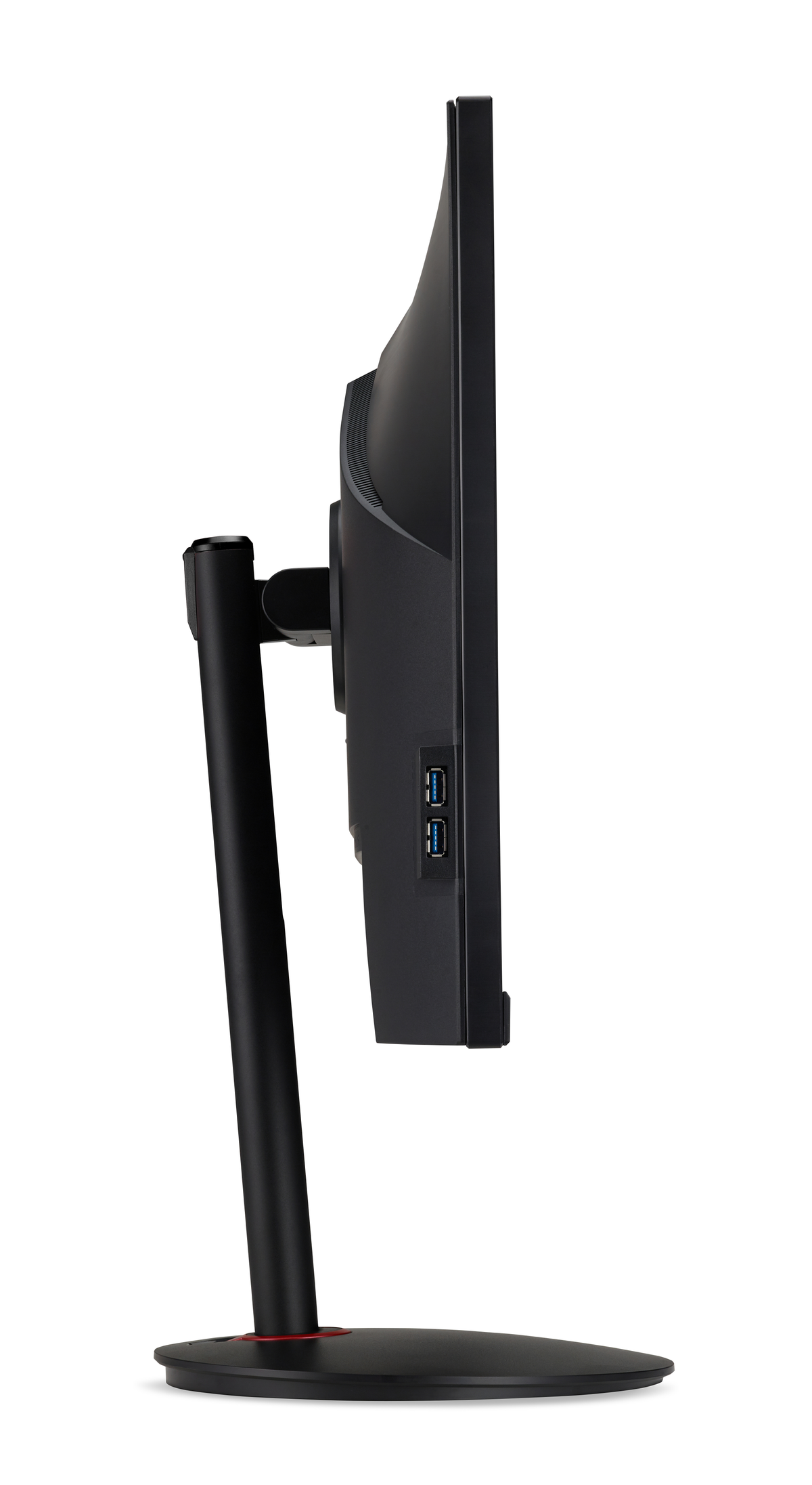 Czarny monitor z boku, pokazujący porty i czerwoną podstawę na białym tle.