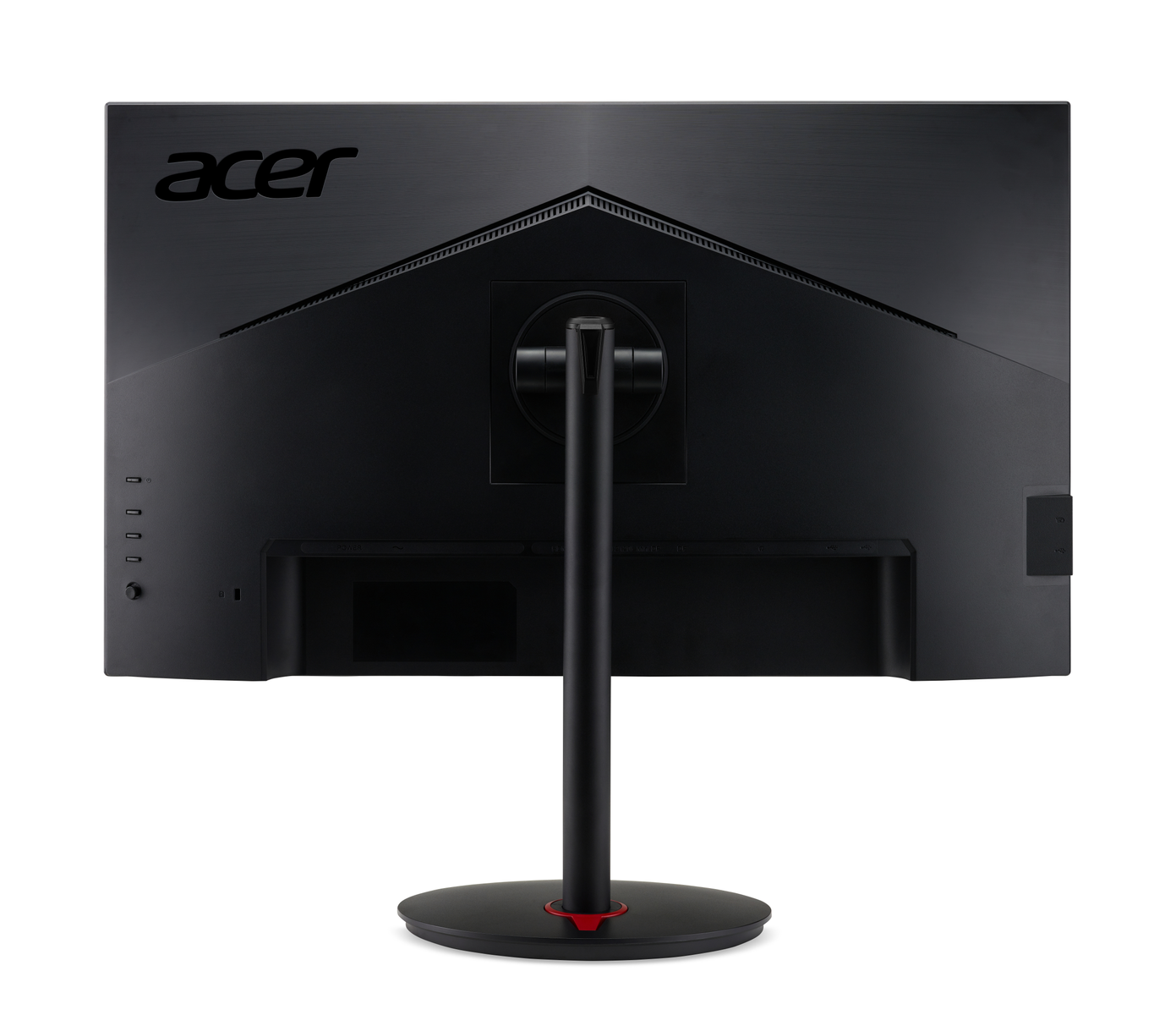 Tył czarnego monitora Acer, ze stojakiem i logo Acer u góry.