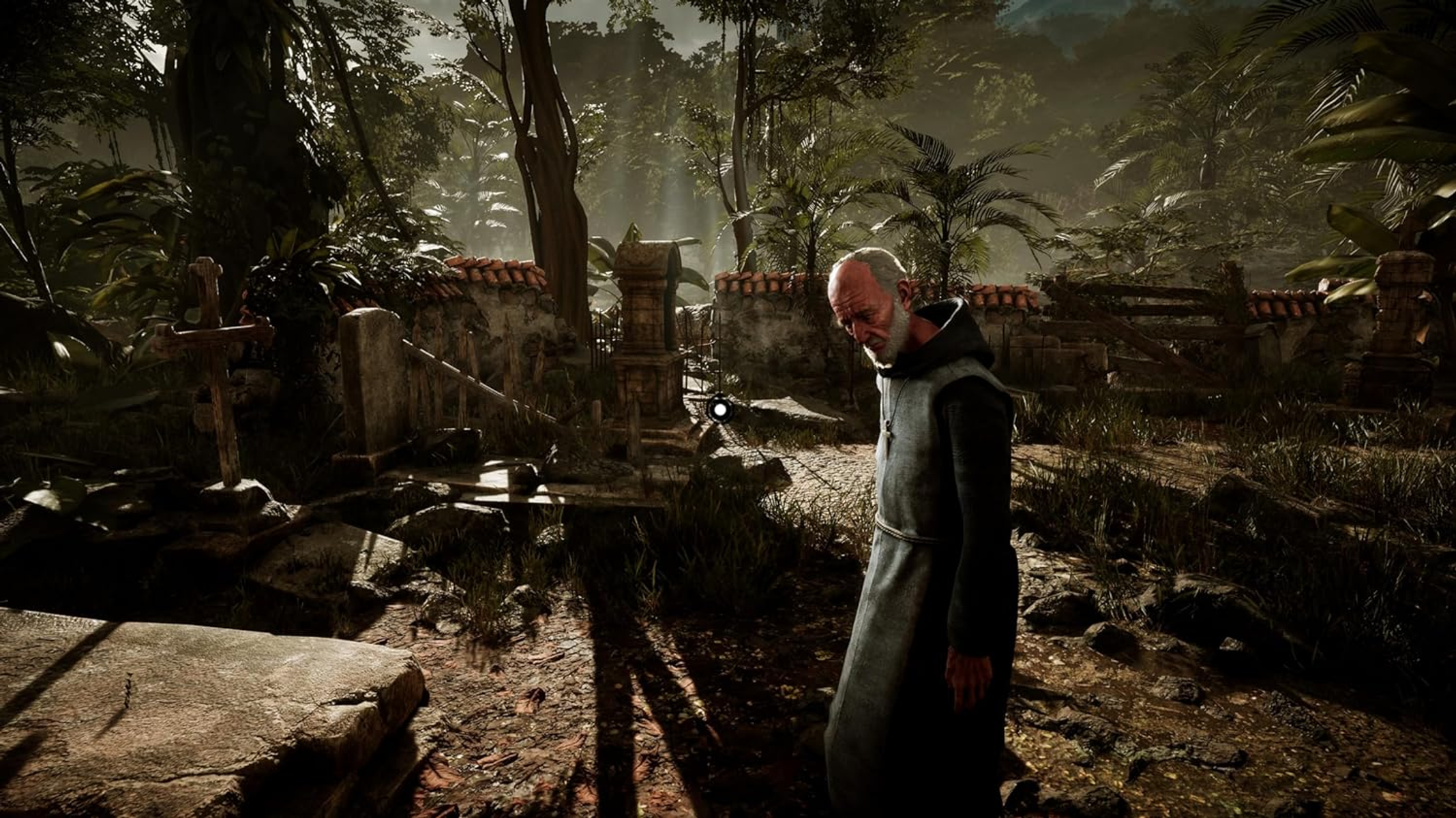 Mężczyzna w czarnej szacie w lesie. Ruiny i krzyż w tle.