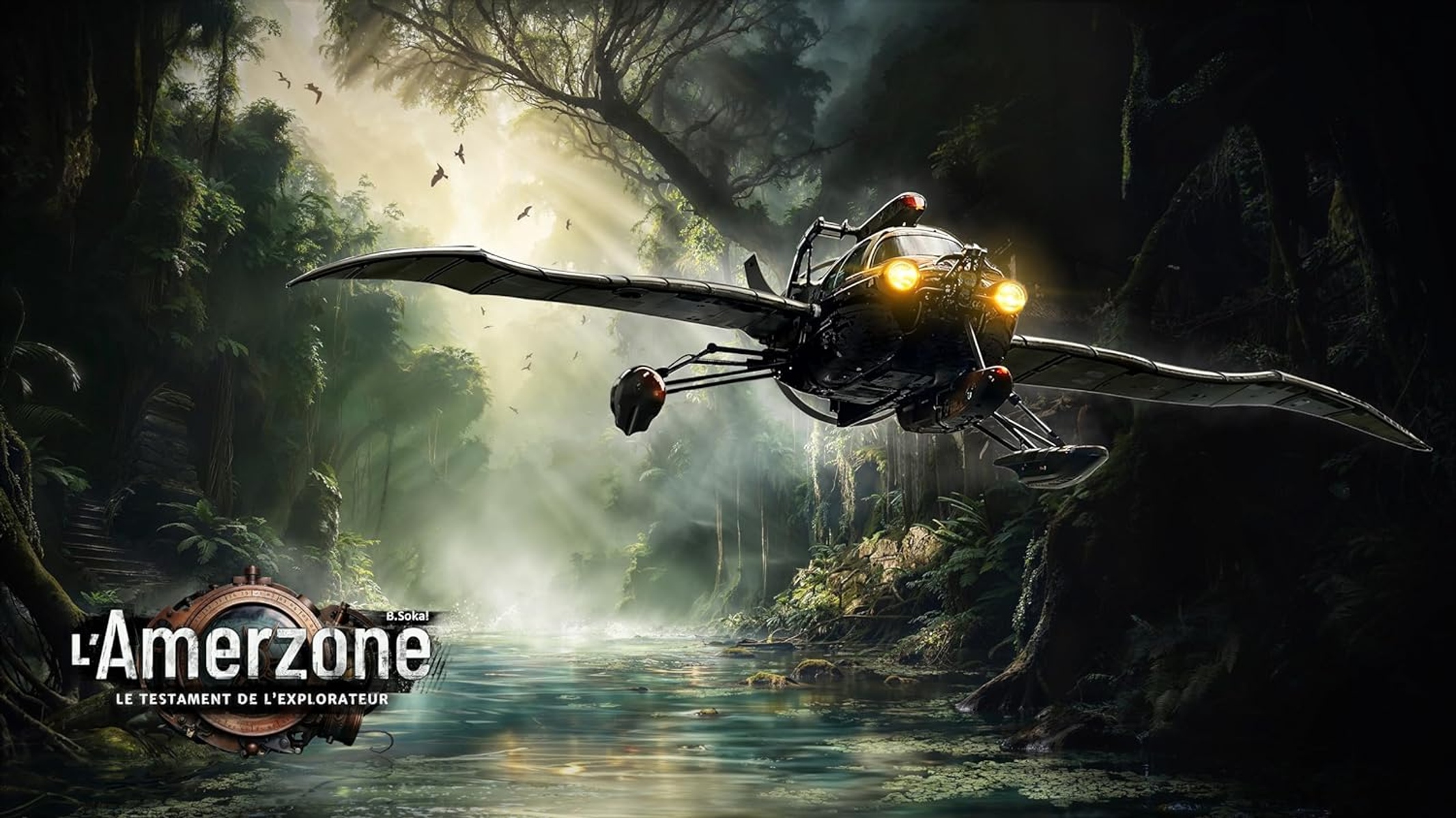 Samolot w stylu steampunk lecący nad zieloną rzeką w dżungli.