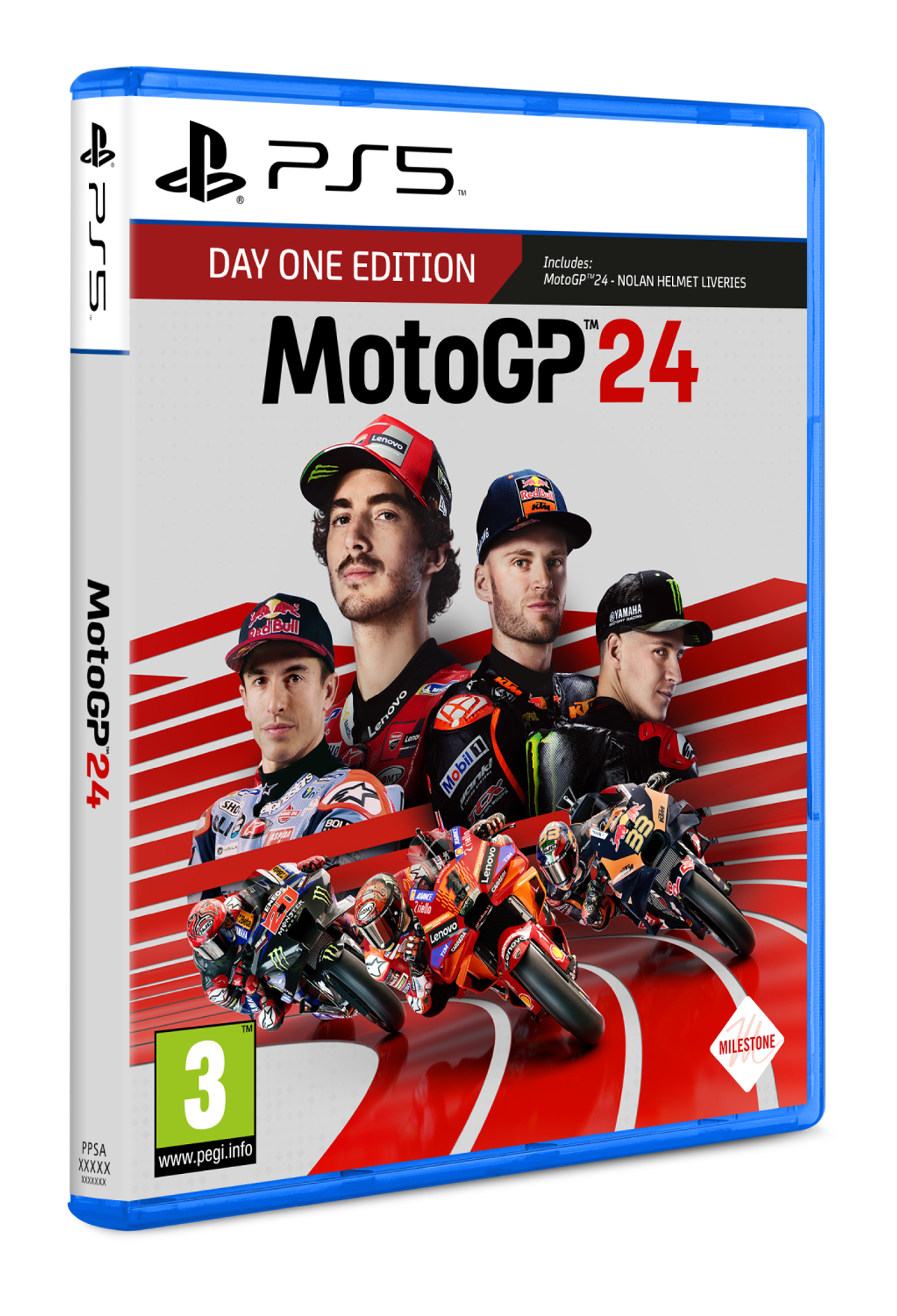 Caja de juego PS5 de MotoGP24 con pilotos, motos y el título.