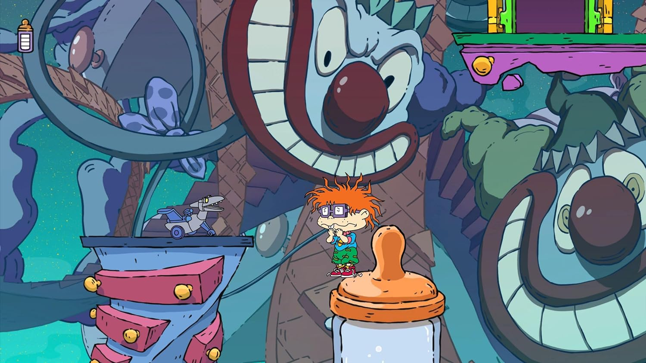 Escena de dibujos animados con un niño asustado, un biberón gigante y una cara aterradora al fondo.