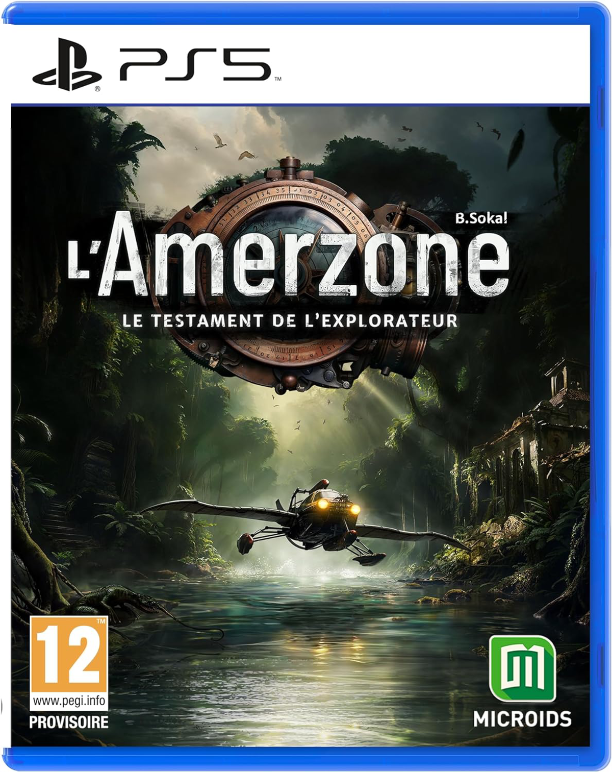 Pudełko gry L'Amerzone, z dżunglą i latającą maszyną.