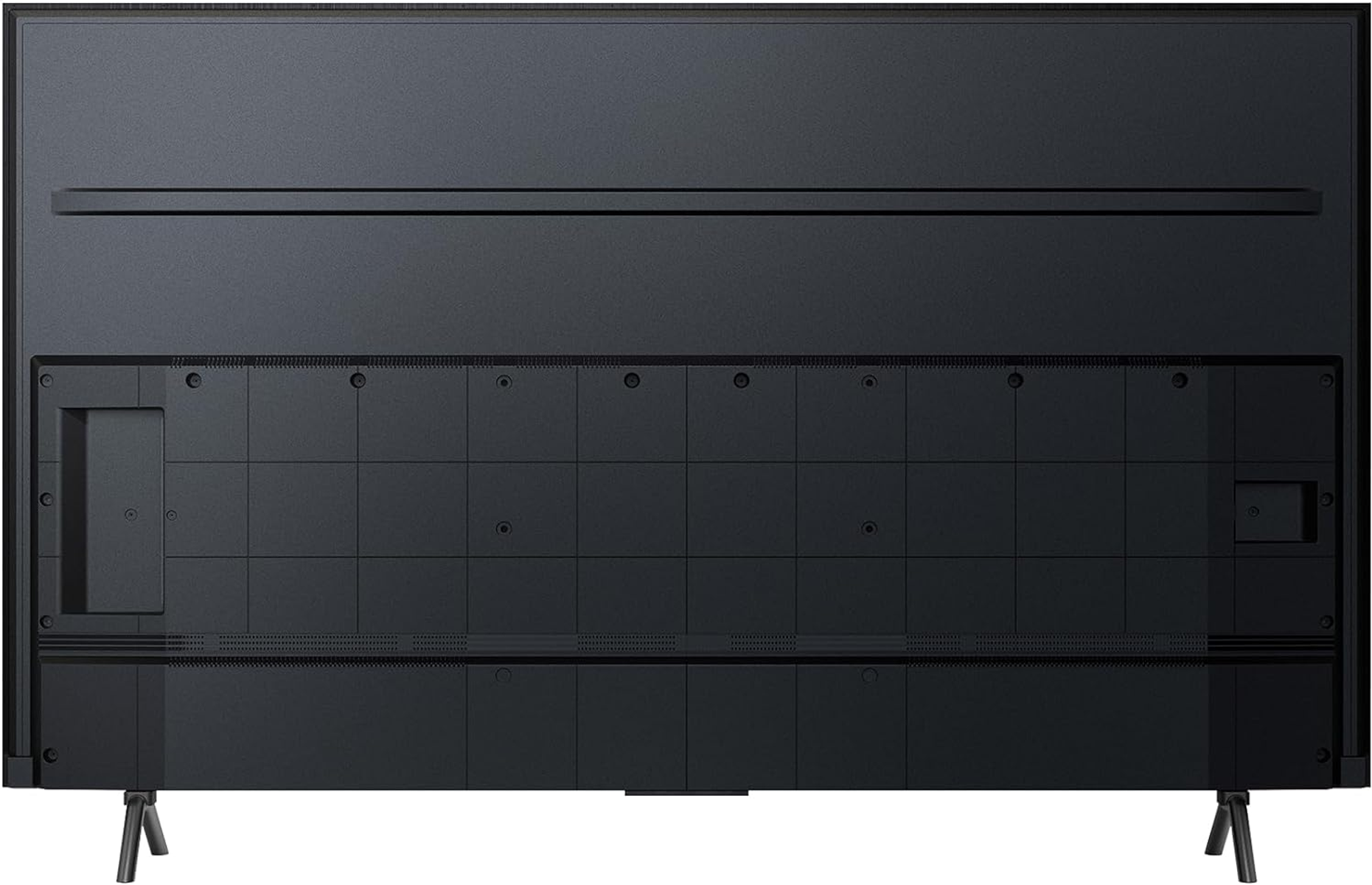 Retro di una TV nera su un supporto, che mostra il pannello posteriore con più porte e una base centrale.