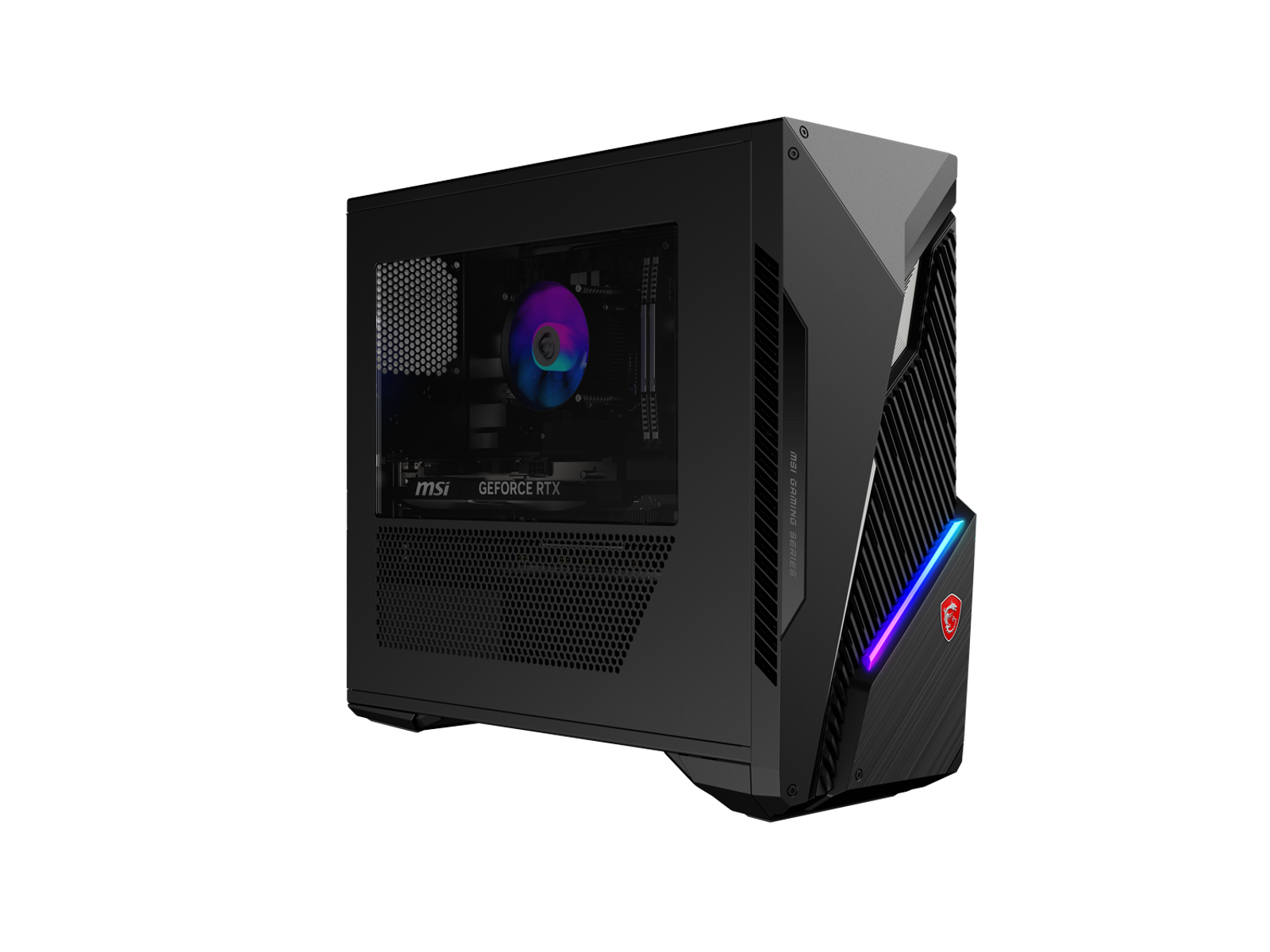 Una PC gaming MSI negra con panel lateral de vidrio, mostrando componentes internos y ventilador brillante.
