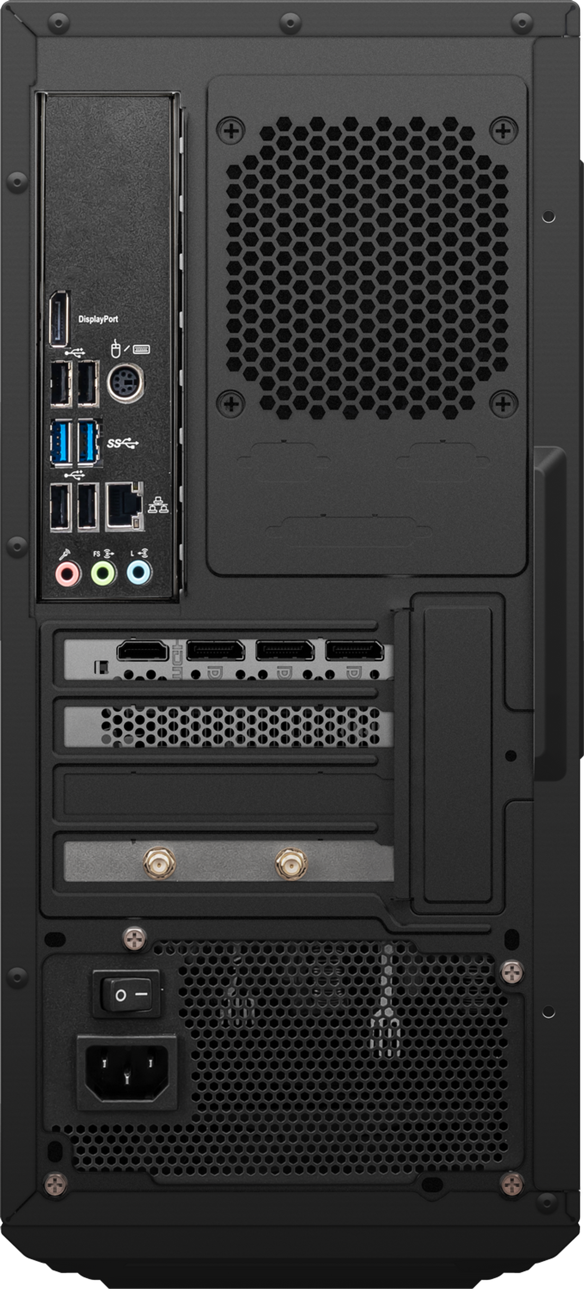 Vista trasera de una caja de computadora negra con varios puertos y ventilaciones.