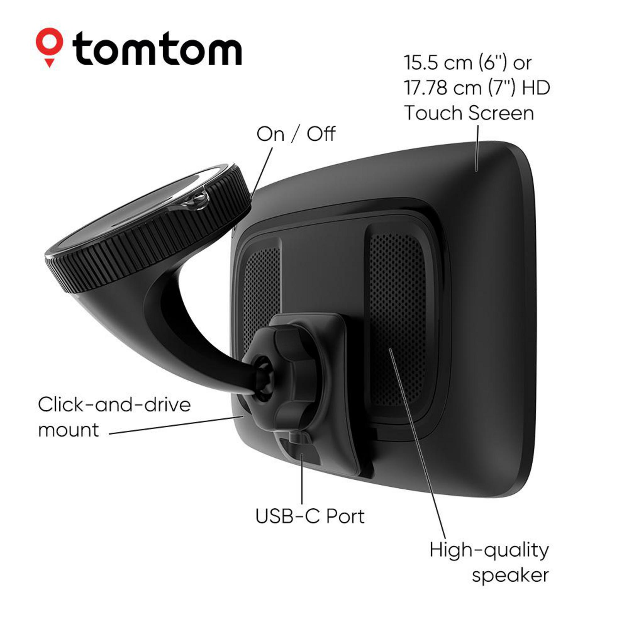 Dispositivo GPS TomTom negro. Incluye pantalla táctil, puerto USB-C y soporte click-and-drive.