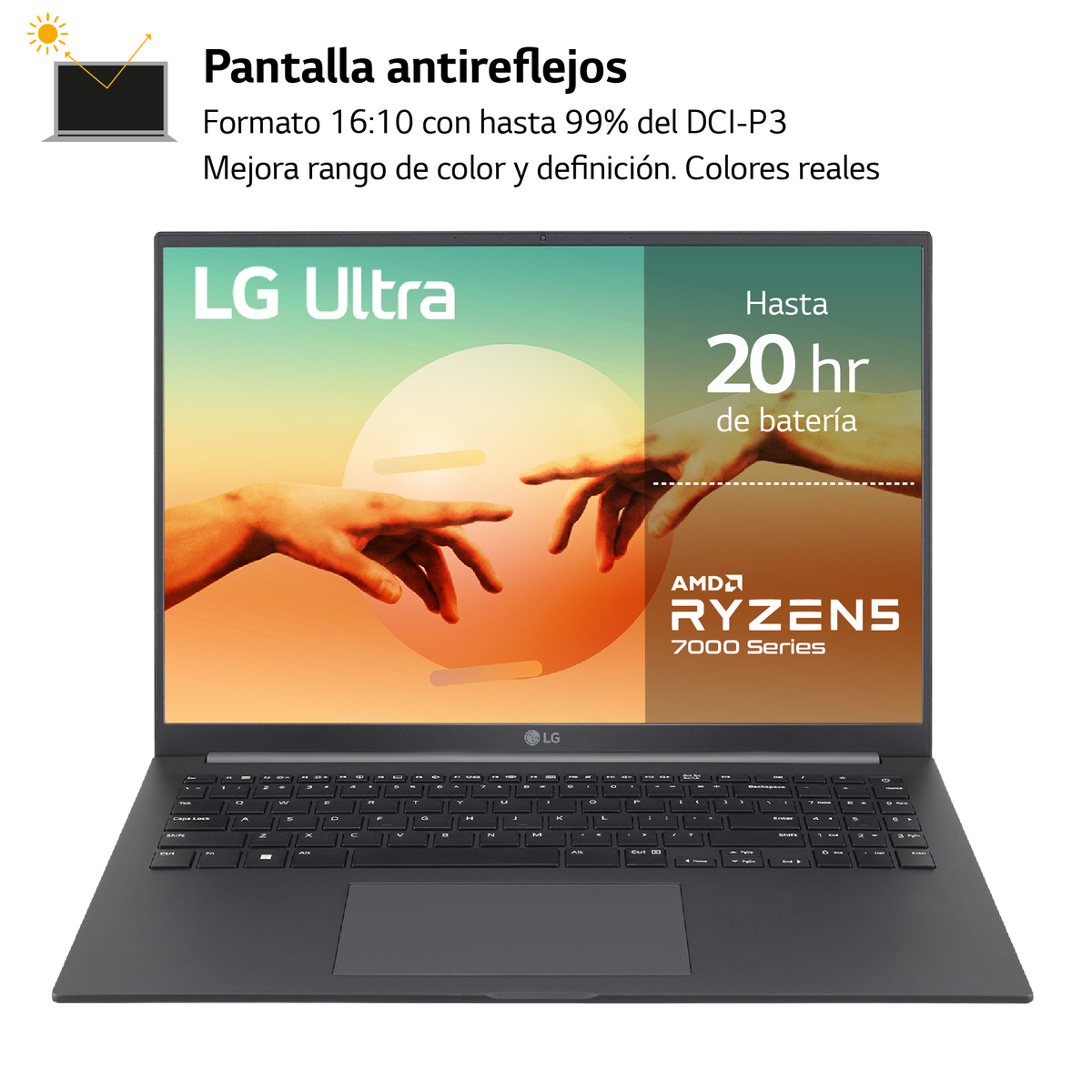 Un portátil con la pantalla abierta. La pantalla muestra una visualización colorida con texto.