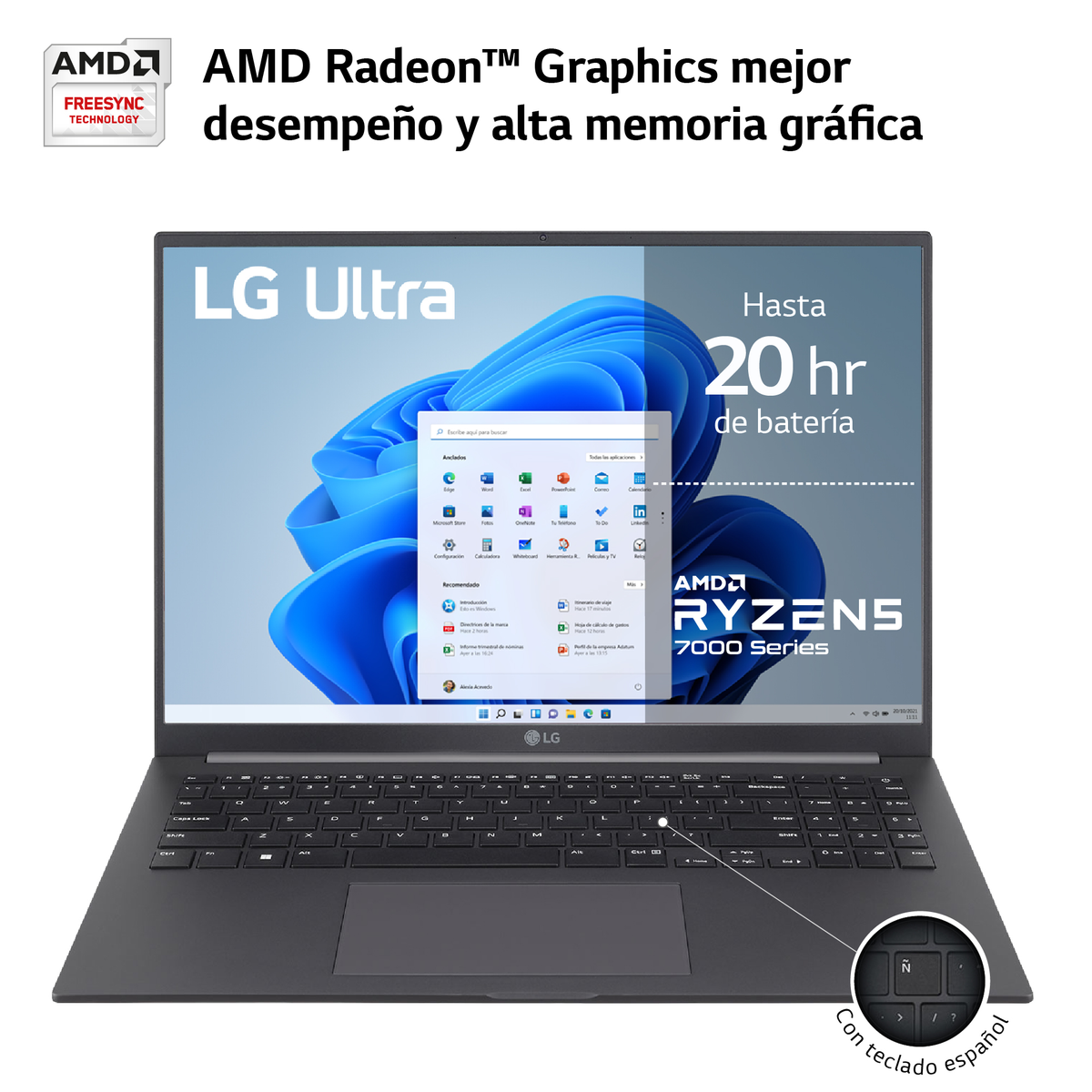 Un portátil con 'AMD RYZENS 7000 Series' en la pantalla, con teclado español.