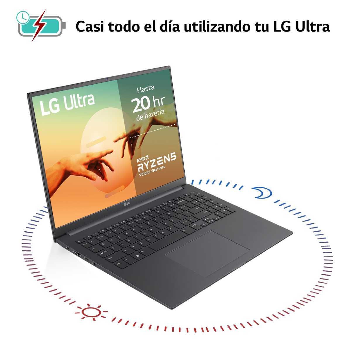 Una computadora portátil muestra una pantalla LG Ultra con un icono de batería y texto.