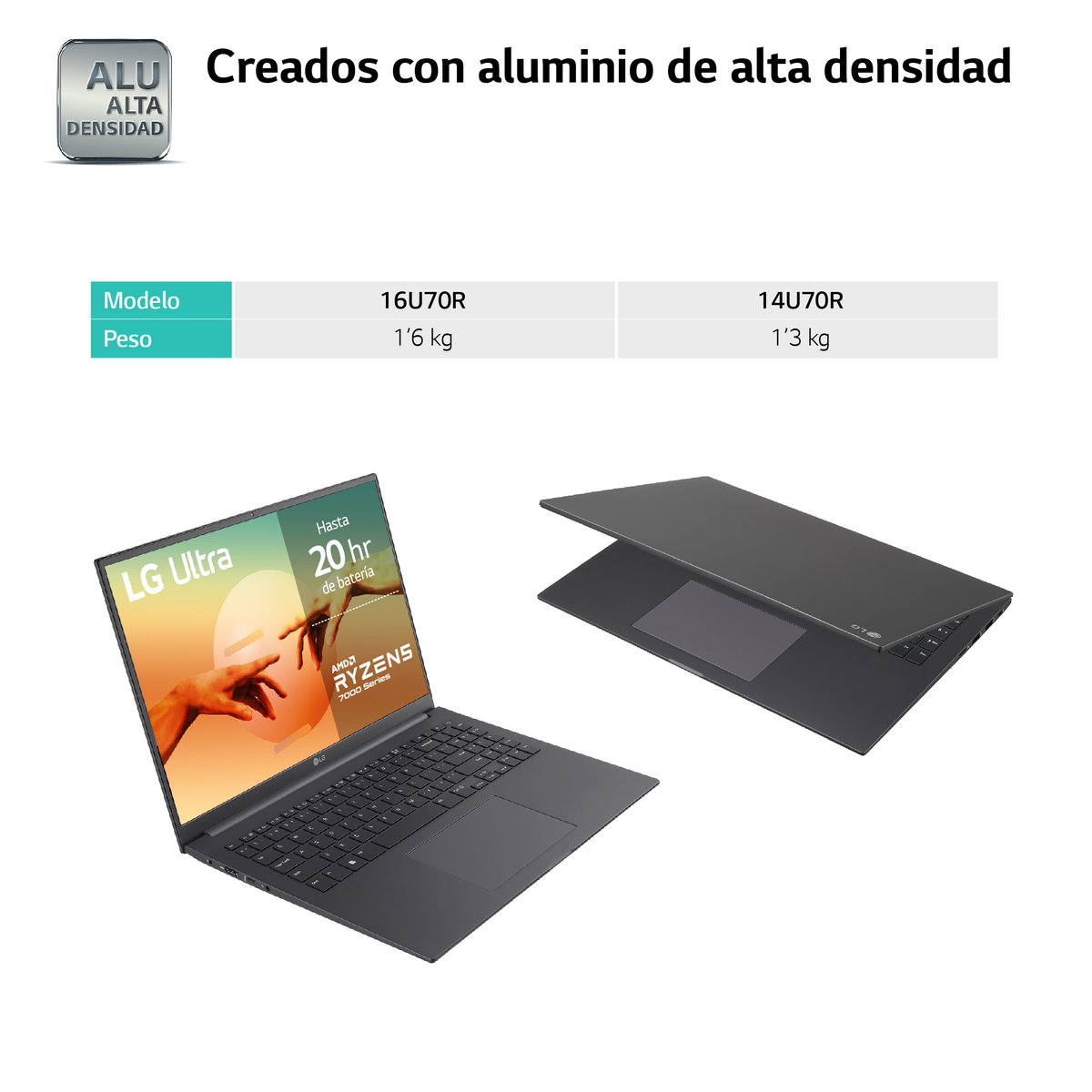 Un portátil con dos vistas y texto en español sobre aluminio de alta densidad.