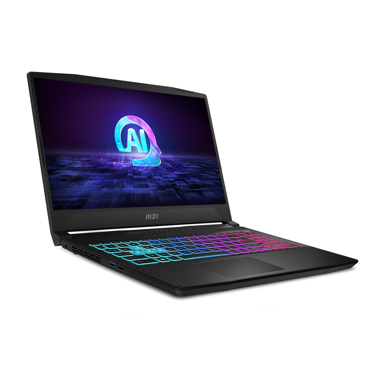 Portátil negro con teclado iluminado, pantalla con logo AI, vista en ángulo sobre fondo oscuro.