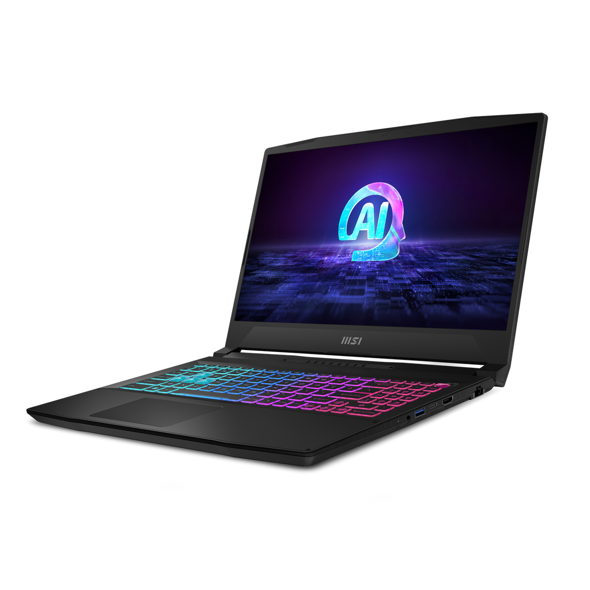 Un portátil negro con teclado colorido y gráficos de IA en la pantalla.