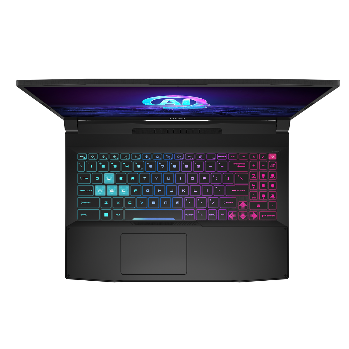 Portátil desde arriba. Teclado con retroiluminación colorida. Pantalla muestra diseño.