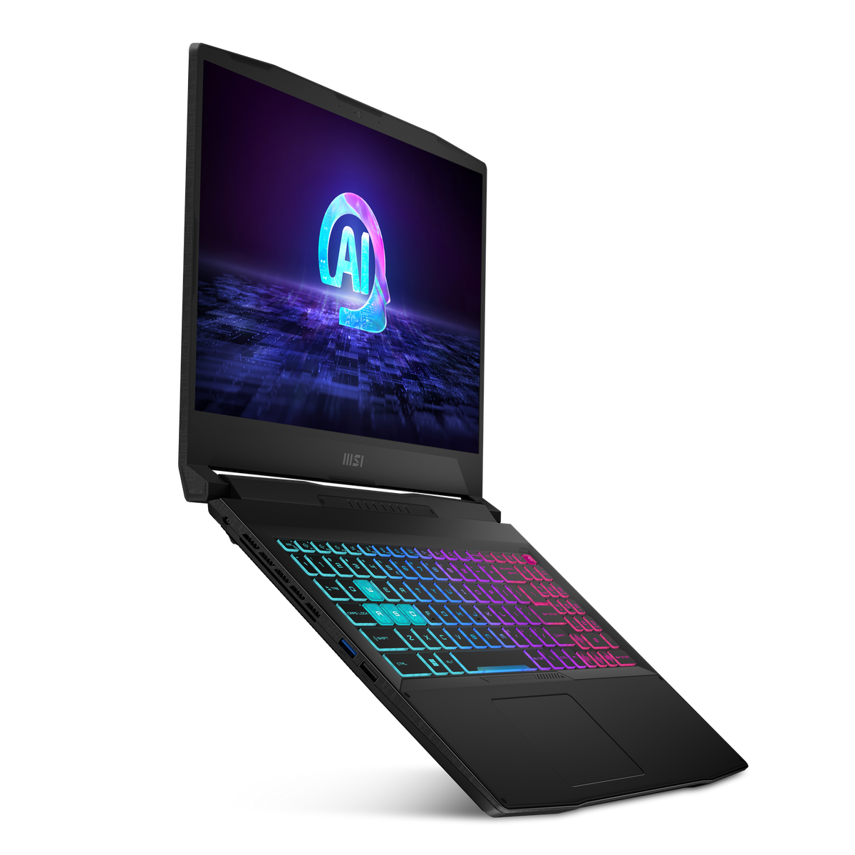Un portátil negro con teclado iluminado y pantalla mostrando un icono 'AI' colorido.