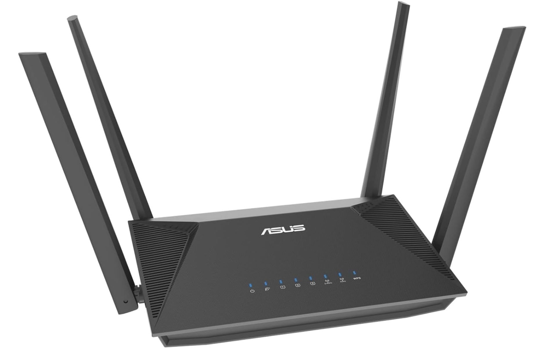 Router ASUS z czterema antenami. Jest czarny i ma niebieskie diody LED.