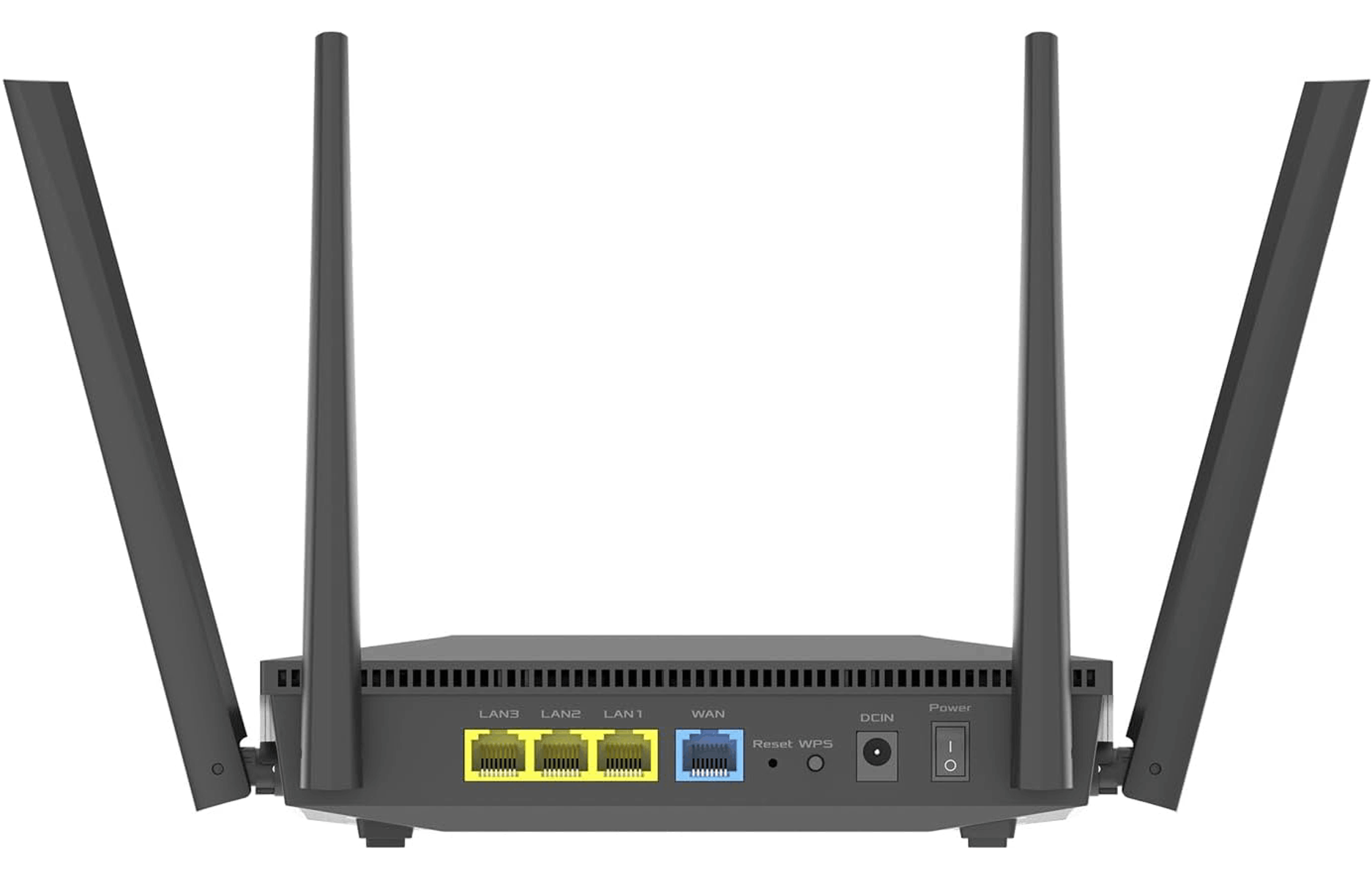Widok z tyłu routera. Porty: LAN1, LAN2, LAN3, WAN. Zasilanie, reset i porty antenowe.