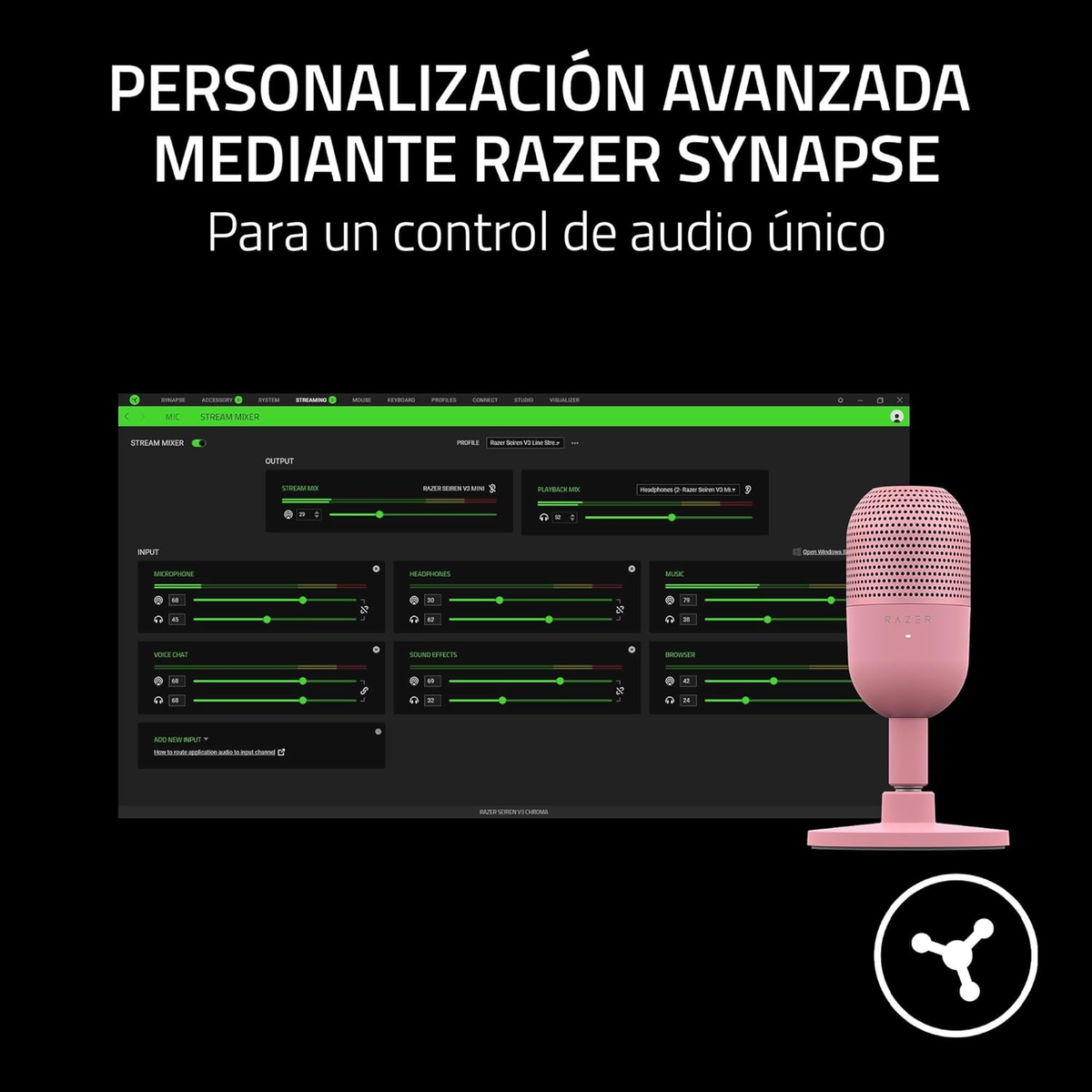 Ein pinkes Razer-Mikrofon und ein Bedienfeld. Spanischer Text beschreibt Audiosteuerung.