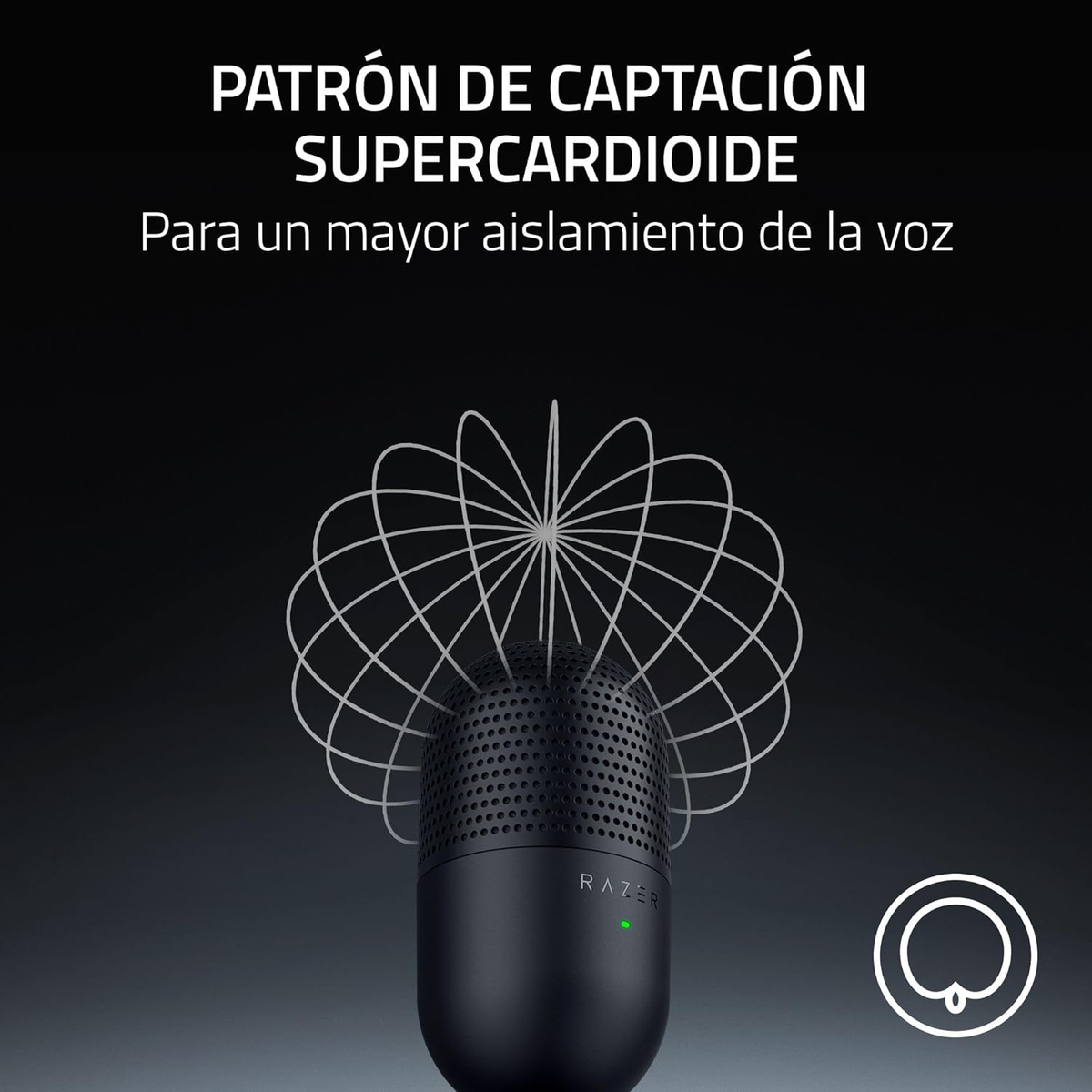 Un microfono nero con un diagramma del pattern di acquisizione del suono. Ha un indicatore di alimentazione verde.