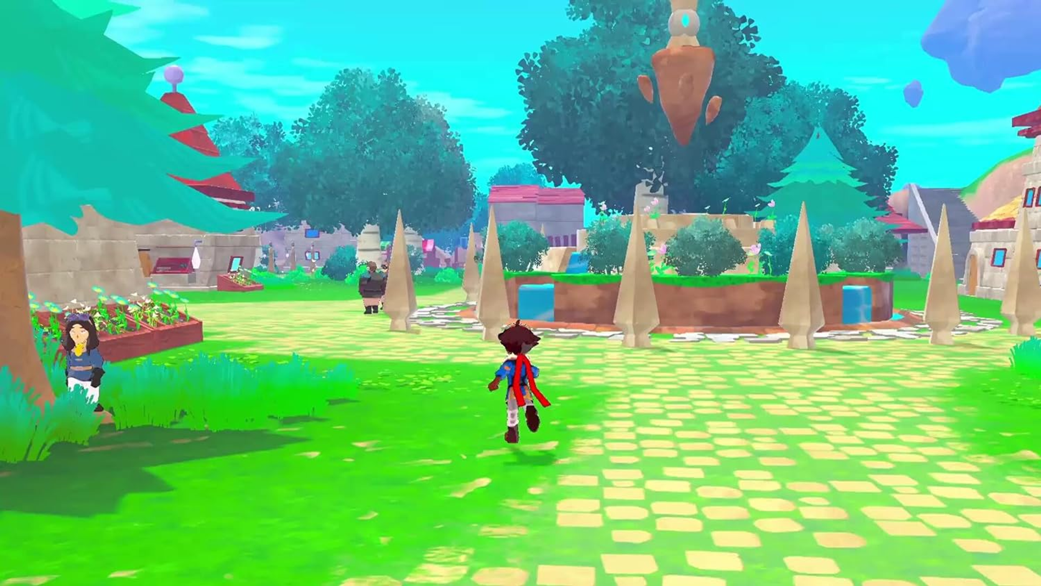 Un mondo a cartoni animati con un ragazzo che corre. Alberi, case e un cielo blu sullo sfondo.