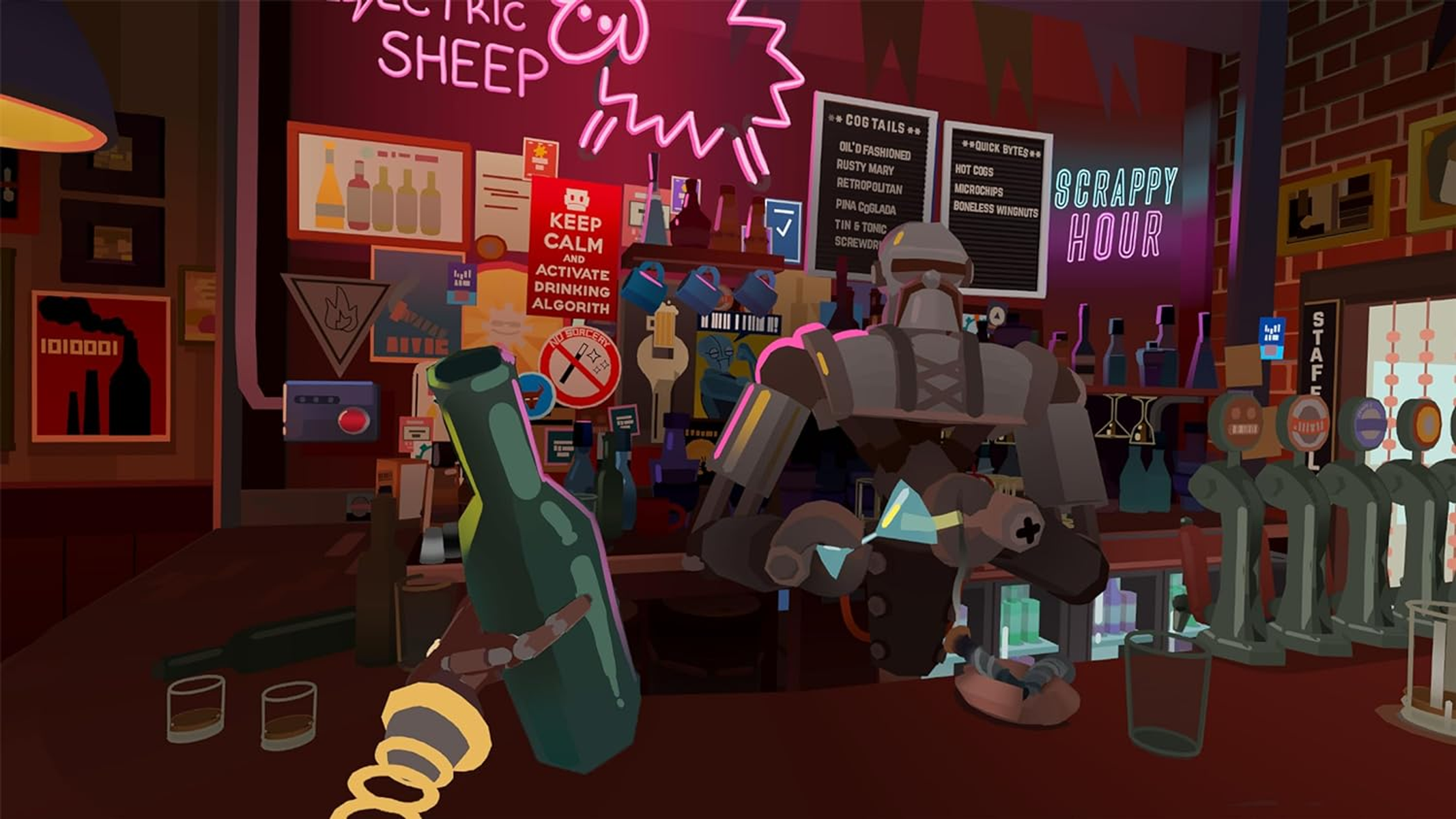 Robot-barman w barze. Butelka jest nalewana, w tle neonowy szyld.