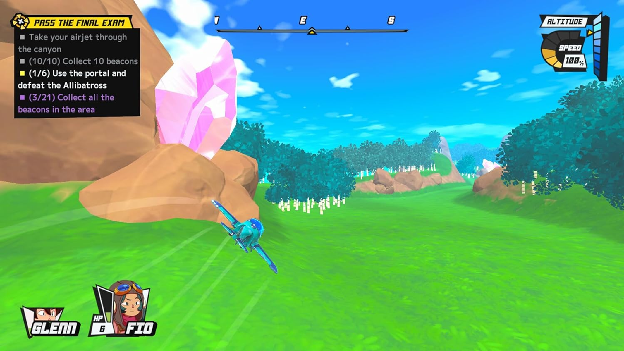 Una scena di videogioco con un aereo blu e un canyon. C'è una sovrapposizione di testo sul gioco.