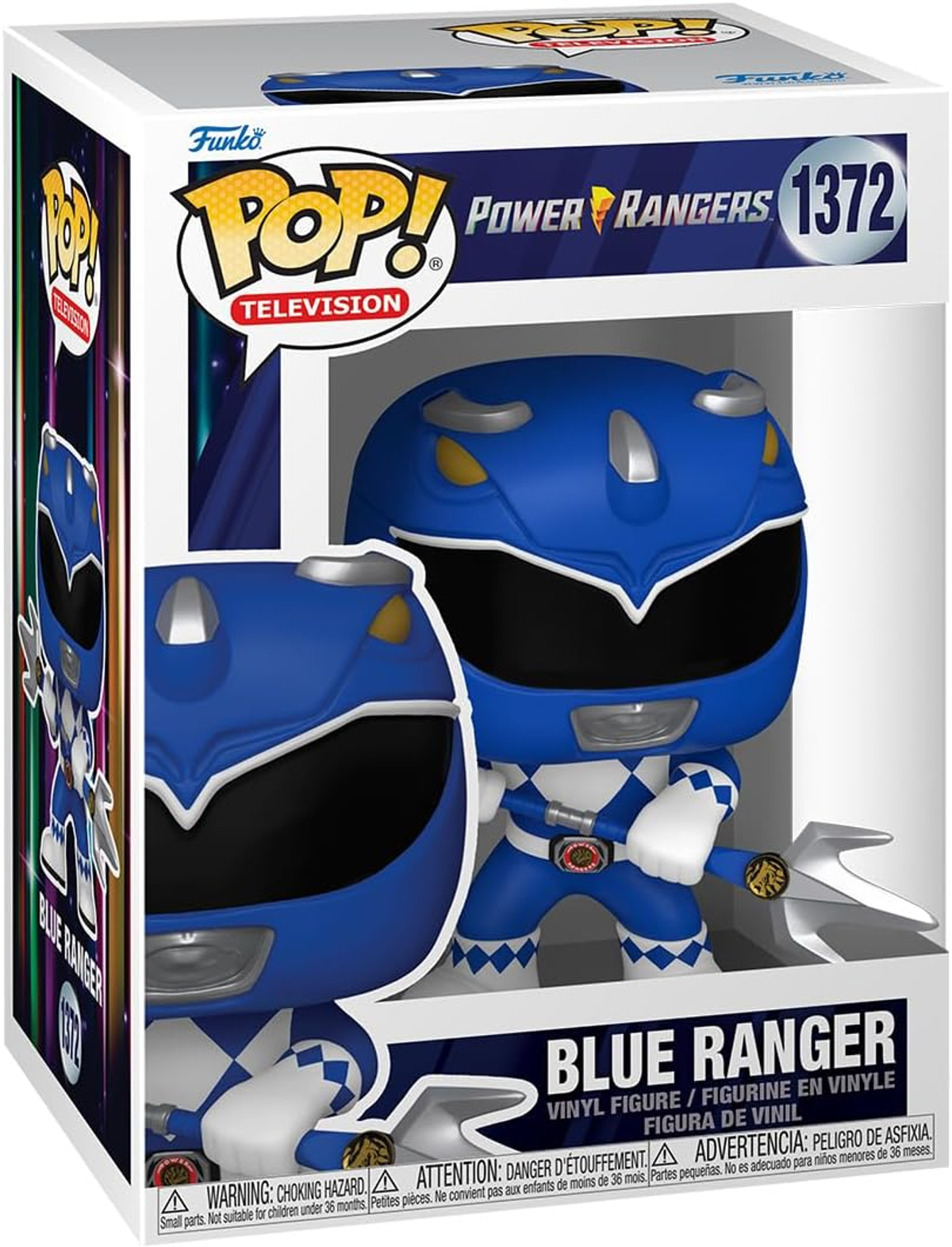 Figura Funko Pop del Power Ranger blu in scatola. È il Ranger blu, con la sua tuta blu iconica.