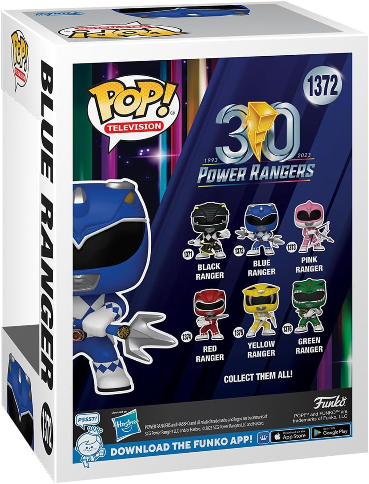 Retro di una scatola Funko Pop con un personaggio di Power Ranger blu e altri personaggi Ranger.
