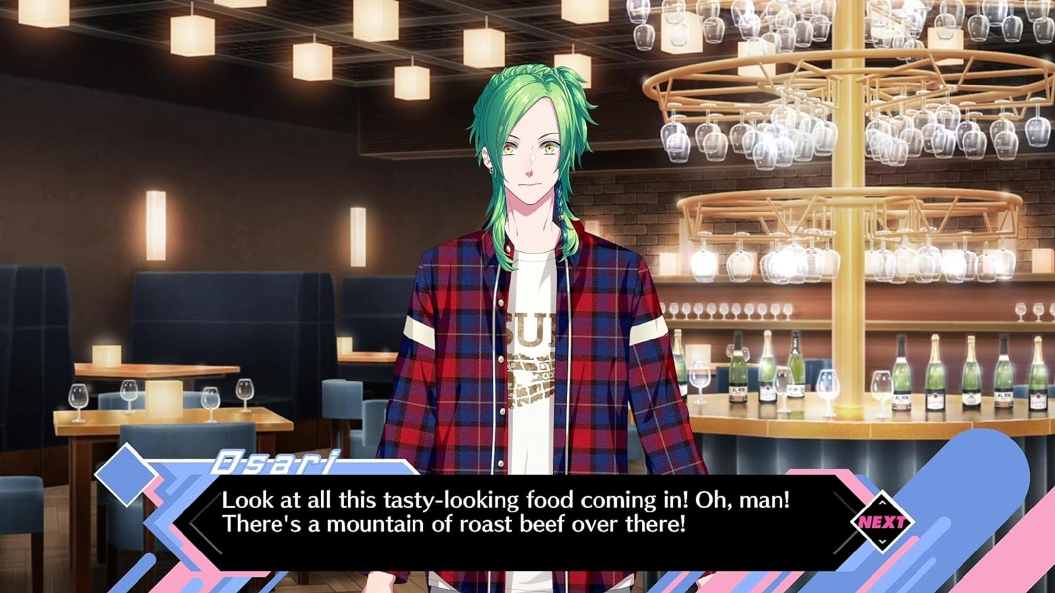 Personaje de anime en un restaurante, bocadillo con texto sobre comida.