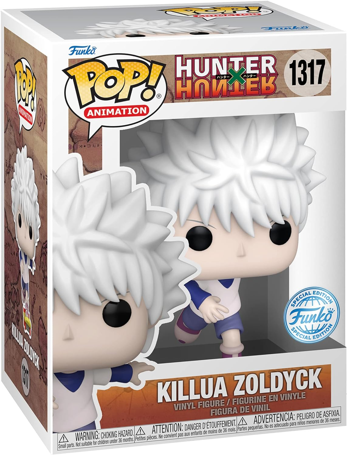 Figura Funko Pop di Killua Zoldyck da Hunter x Hunter, in una scatola, con un personaggio dai capelli bianchi.