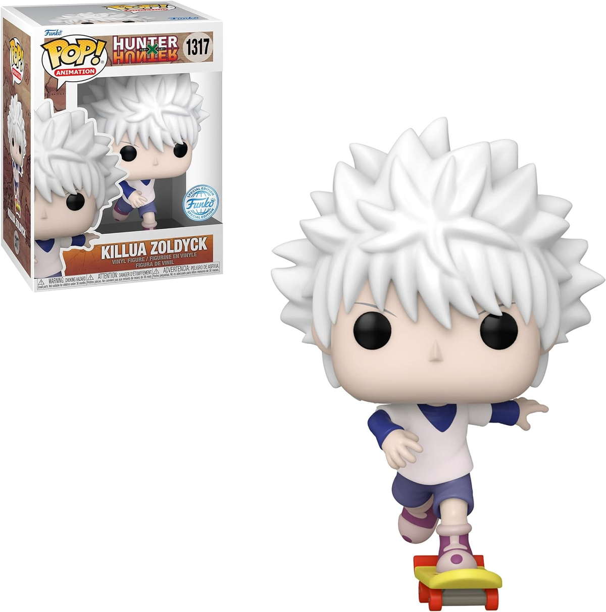 Figura Funko Pop di Killua Zoldyck su uno skateboard, con confezione sullo sfondo. Capelli bianchi e abito blu.