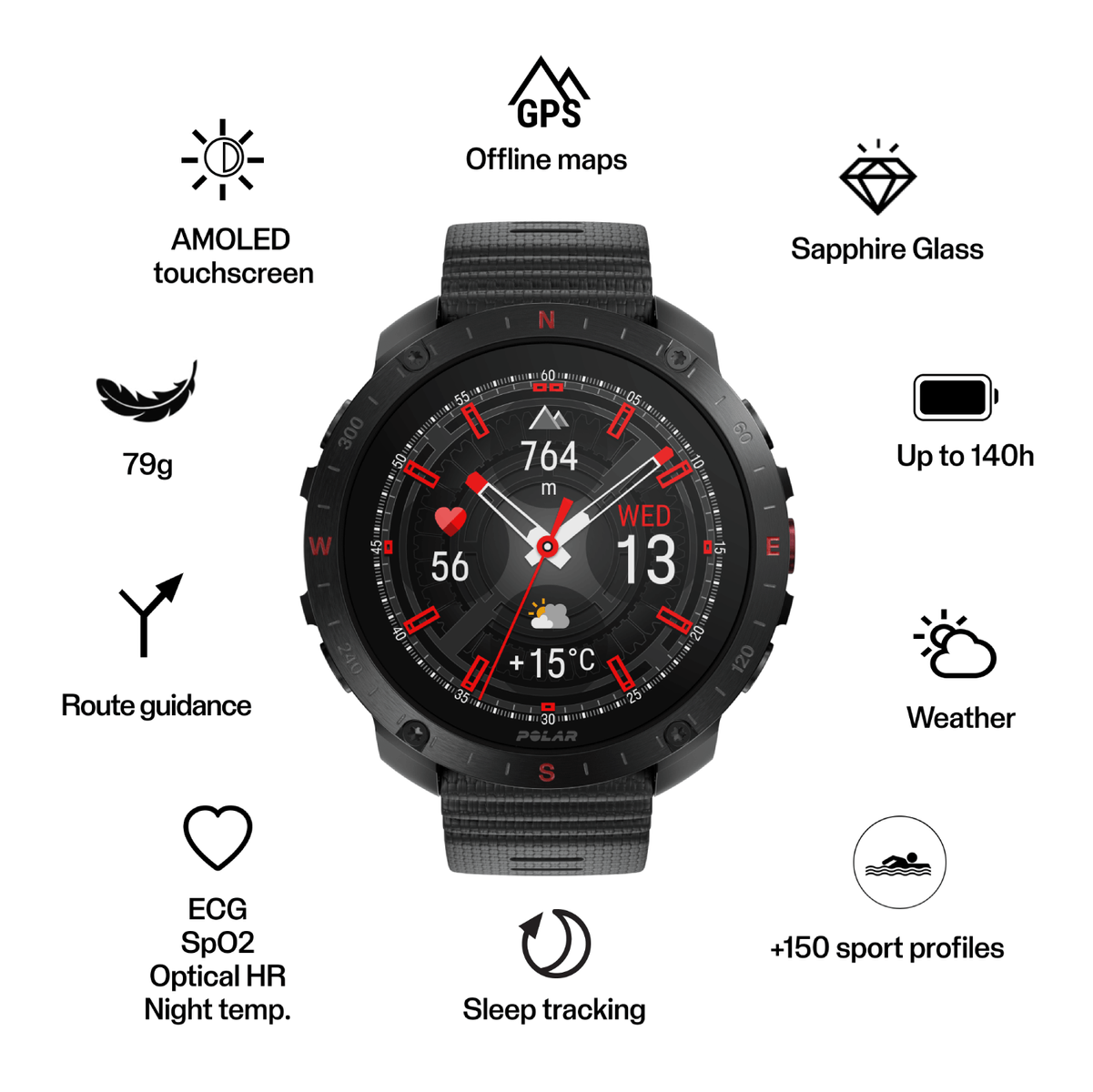 Smartwatch Polar con varias funciones, incluyendo frecuencia cardíaca y clima.