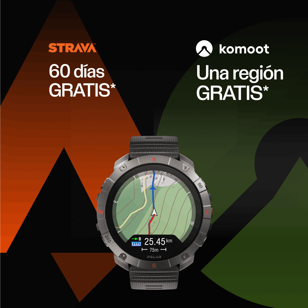 Un reloj Polar muestra un mapa y texto promocional de Strava/Komoot.