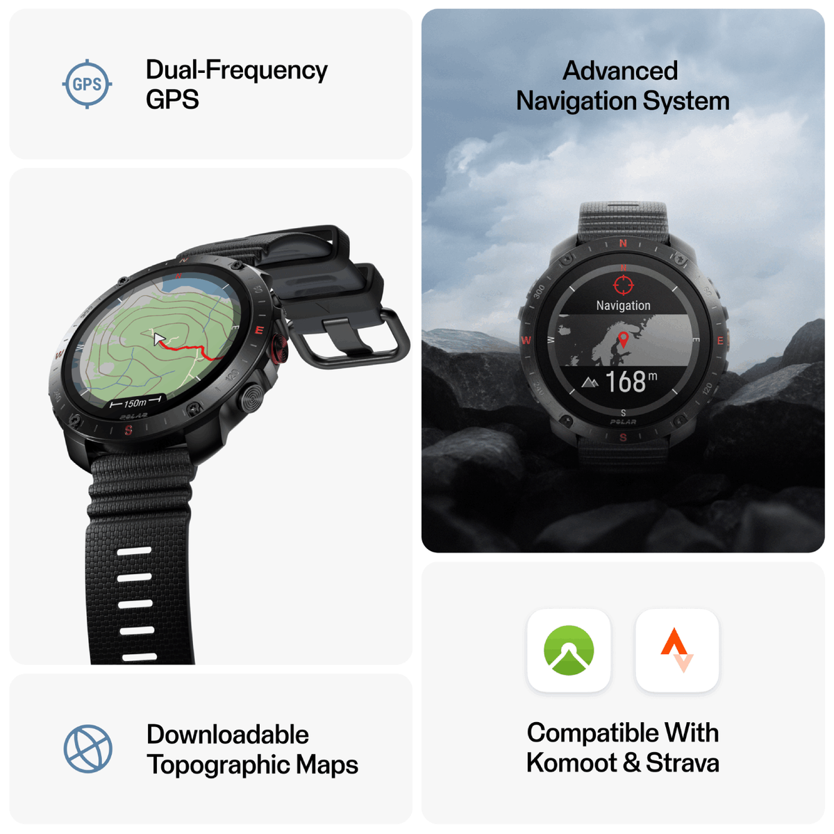Un smartwatch que muestra funciones de navegación y mapas topográficos.