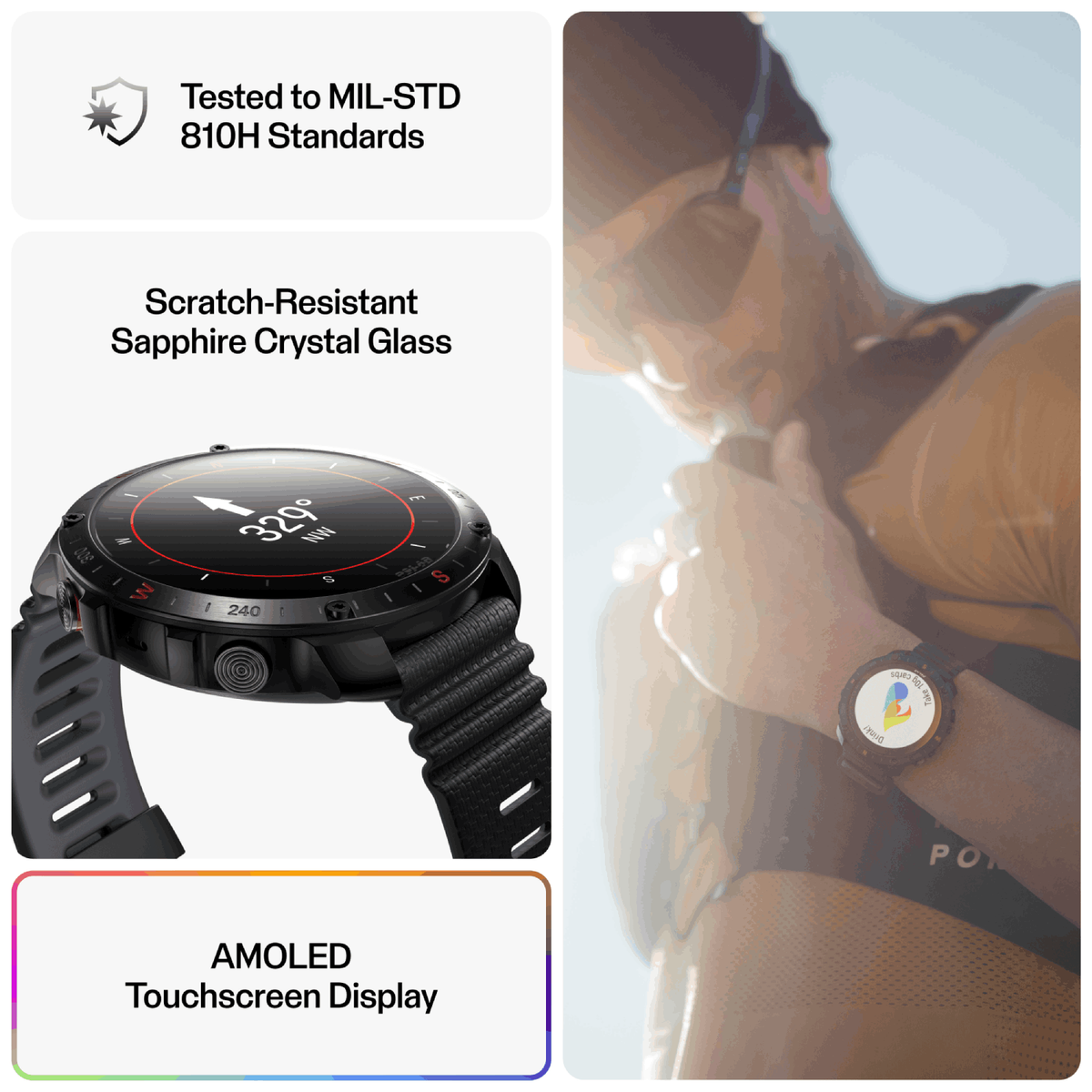 Smartwatch con correa negra, mostrando hora y brújula. Hombre usándolo. Info mostrada.