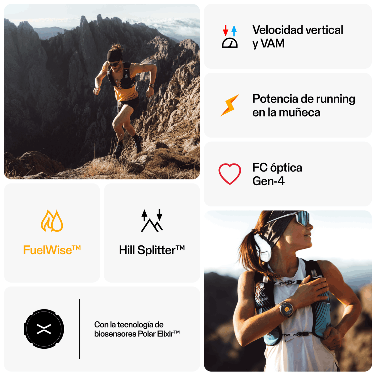 Corredor con reloj, corriendo en montañas. Iconos muestran datos de carrera.