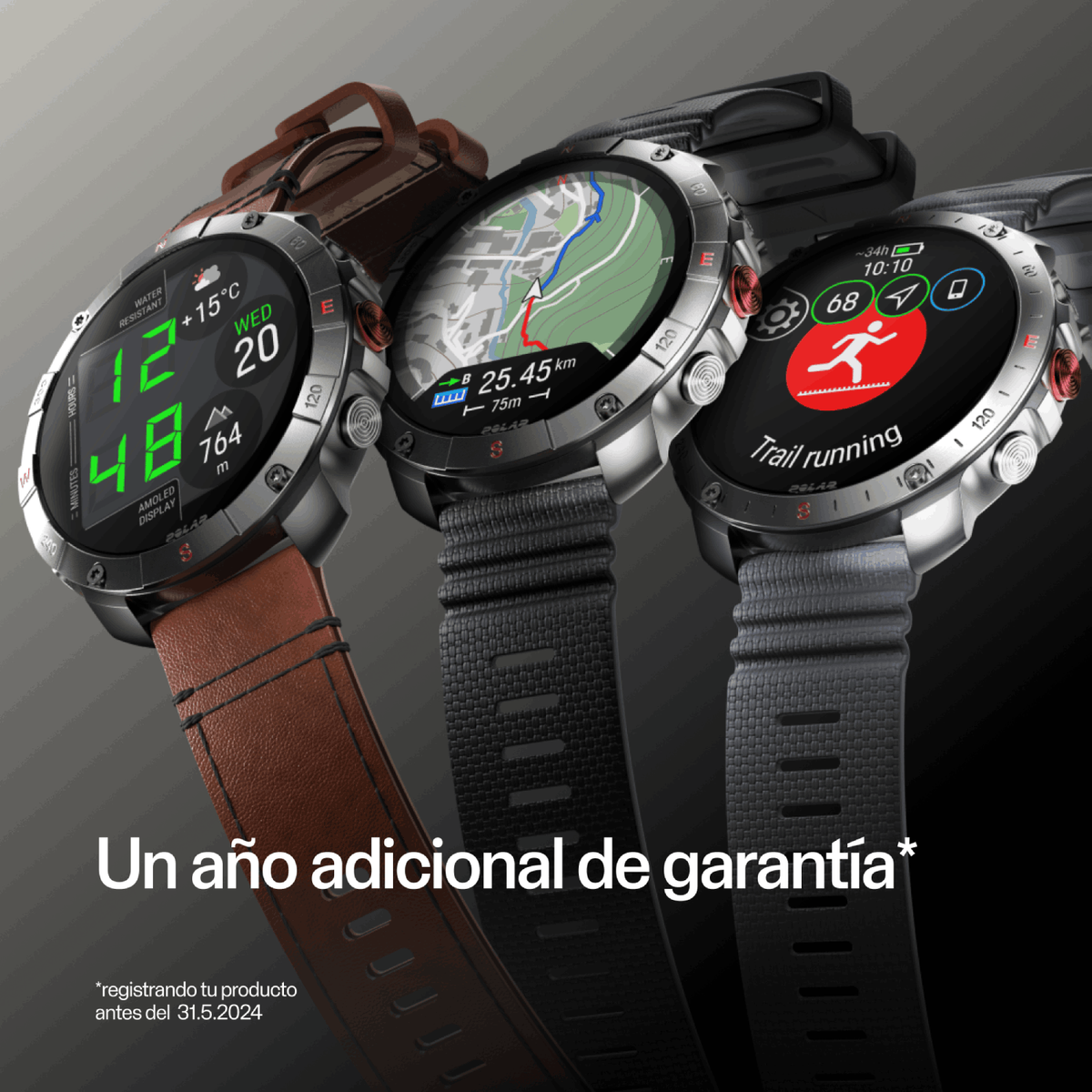 Tres smartwatches con correas de diferentes colores que muestran datos de fitness y hora.