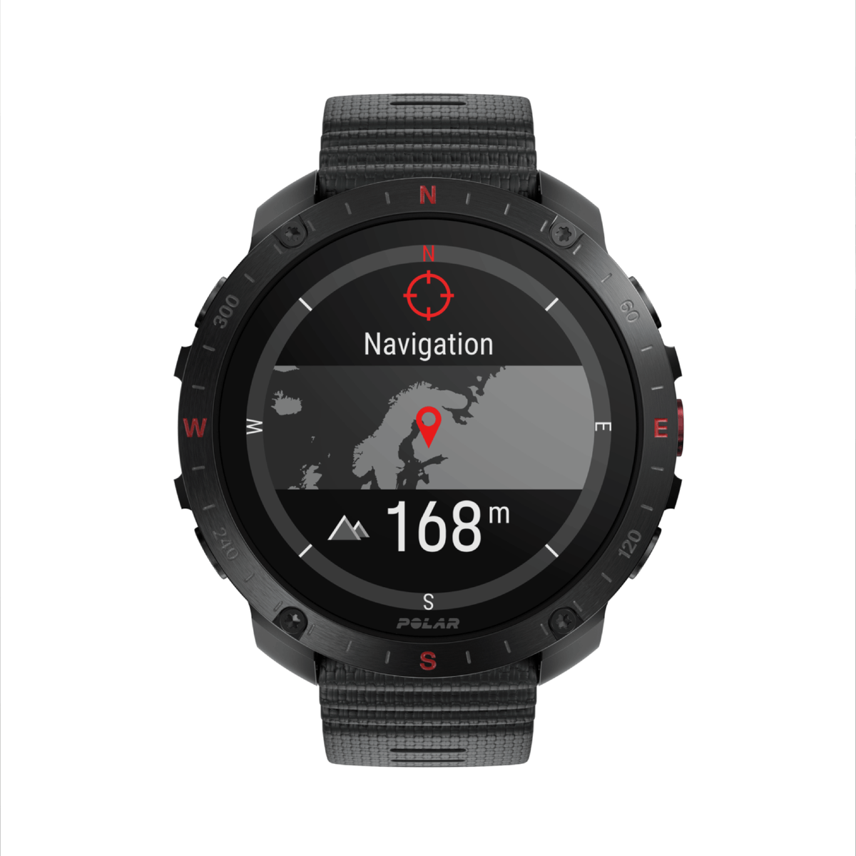 Un reloj inteligente Polar negro con una pantalla de mapa que muestra un marcador de navegación rojo y datos.