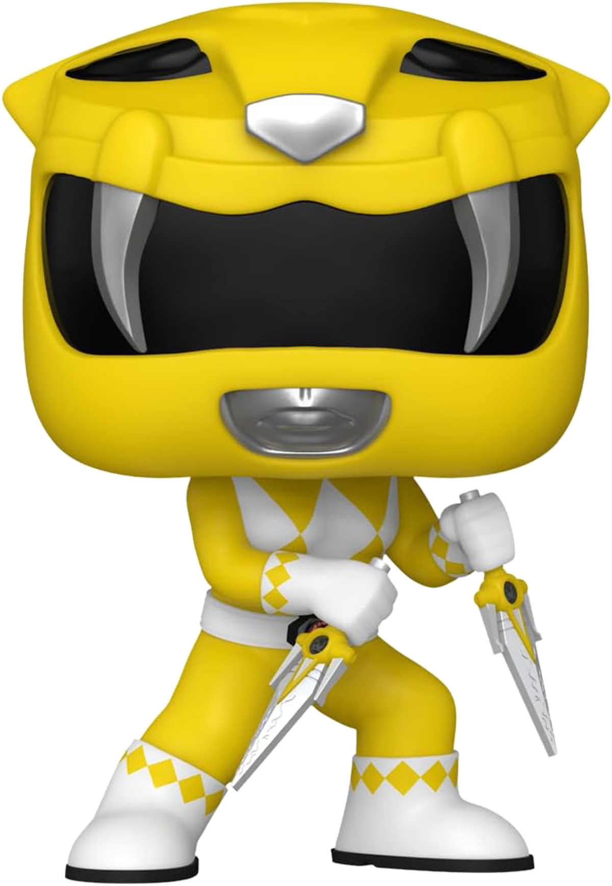 Figura Funko Pop de Power Ranger amarillo con casco y arma. Listo para la acción.